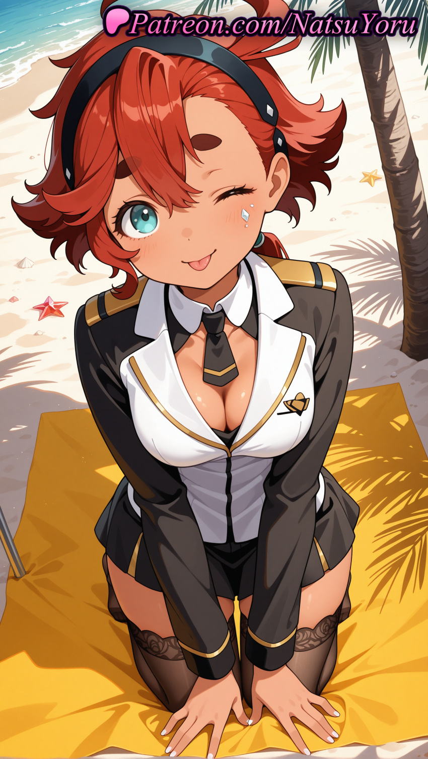 1girl 2025 ahoge ai_assisted ai_generated anime anime_style aqua_eyes asticassia_school_uniform bangs beach big_breasts black_hairband black_legwear black_necktie black_skirt black_thighhighs blue_eyes blush breasts brown_thighhighs bust cleavage clothing collarbone dark-skinned_female dark_skin day detached_collar facial_mark female_focus female_only gundam gundam_suisei_no_majo hair_between_eyes hairband hentai high_quality high_res high_resolution jacket kneel long_hair long_sleeves looking_at_viewer low_ponytail makeup medium_breasts miniskirt nail_polish natsuyoru neck_tie ocean one_eye_closed outside palm_tree patreon pleated_skirt red_hair sand school_uniform seiza shirt short_hair short_necktie shoulder_boards sitting skirt smile solo_female stable_diffusion starfish stockings suletta_mercury thick_eyebrows tie tongue tongue_out tree uniform voluptuous voluptuous_female water white_jacket white_nails zettai_ryouiki