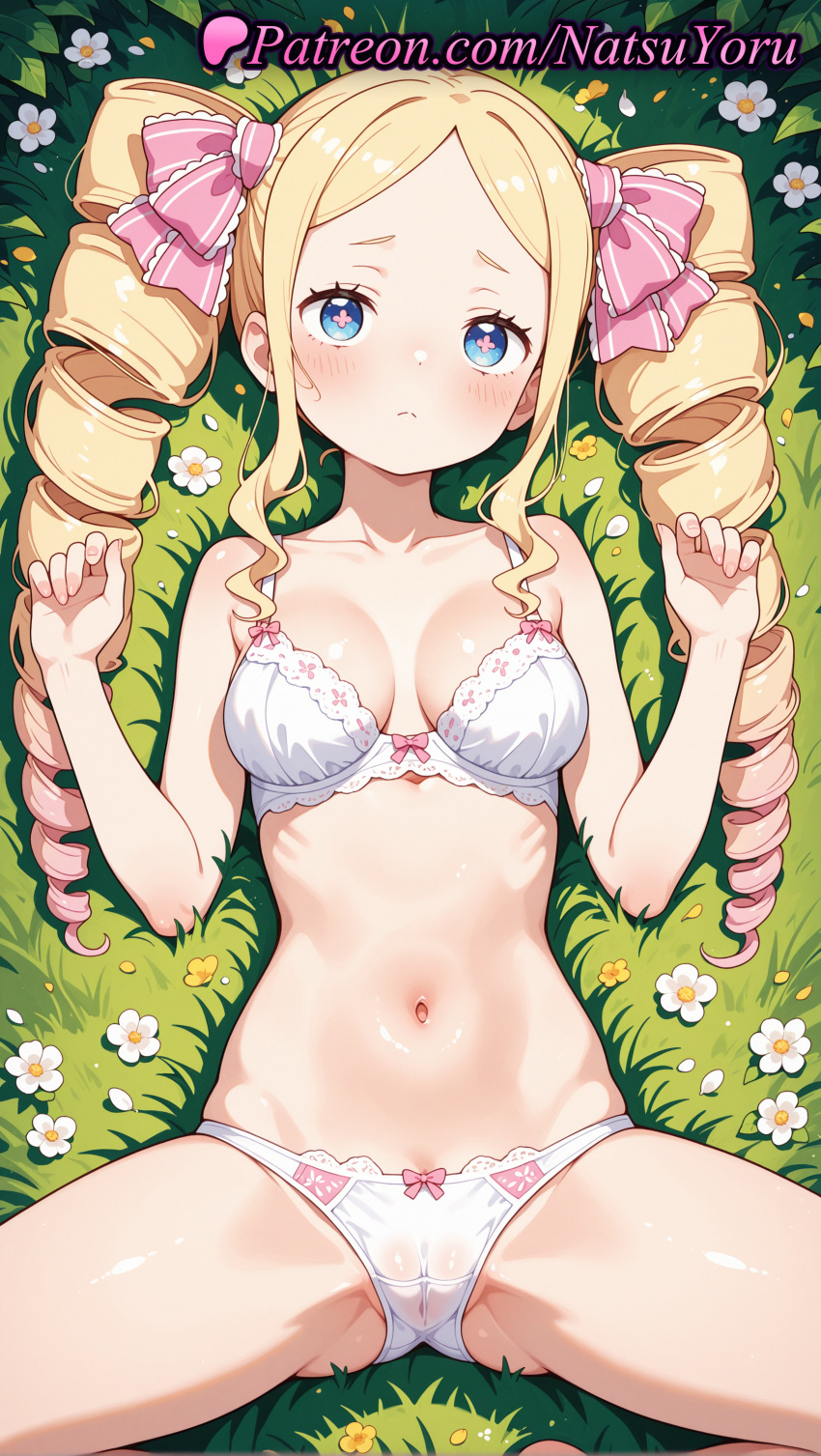 1girl 2025 ai_assisted ai_generated anime anime_style ass_visible_through_thighs beatrice_(re:zero) big_breasts blonde_hair blue_eyes blush bow bow_bra bow_panties bra breasts breasts_apart bust cameltoe cleavage closed_mouth collarbone drill_hair female_focus female_only flower gradient_hair grass hair_bow hair_ribbon hentai high_quality high_res high_resolution long_hair looking_at_viewer lying medium_breasts multicolored_hair natsuyoru navel on_back outside panties patreon pink_hair pink_ribbon re:zero_kara_hajimeru_isekai_seikatsu ribbon ribs sidelocks solo_female spread_legs stable_diffusion stomach symbol-shaped_pupils thighs twin_drills twin_tails underwear underwear_only voluptuous voluptuous_female white_bra white_panties