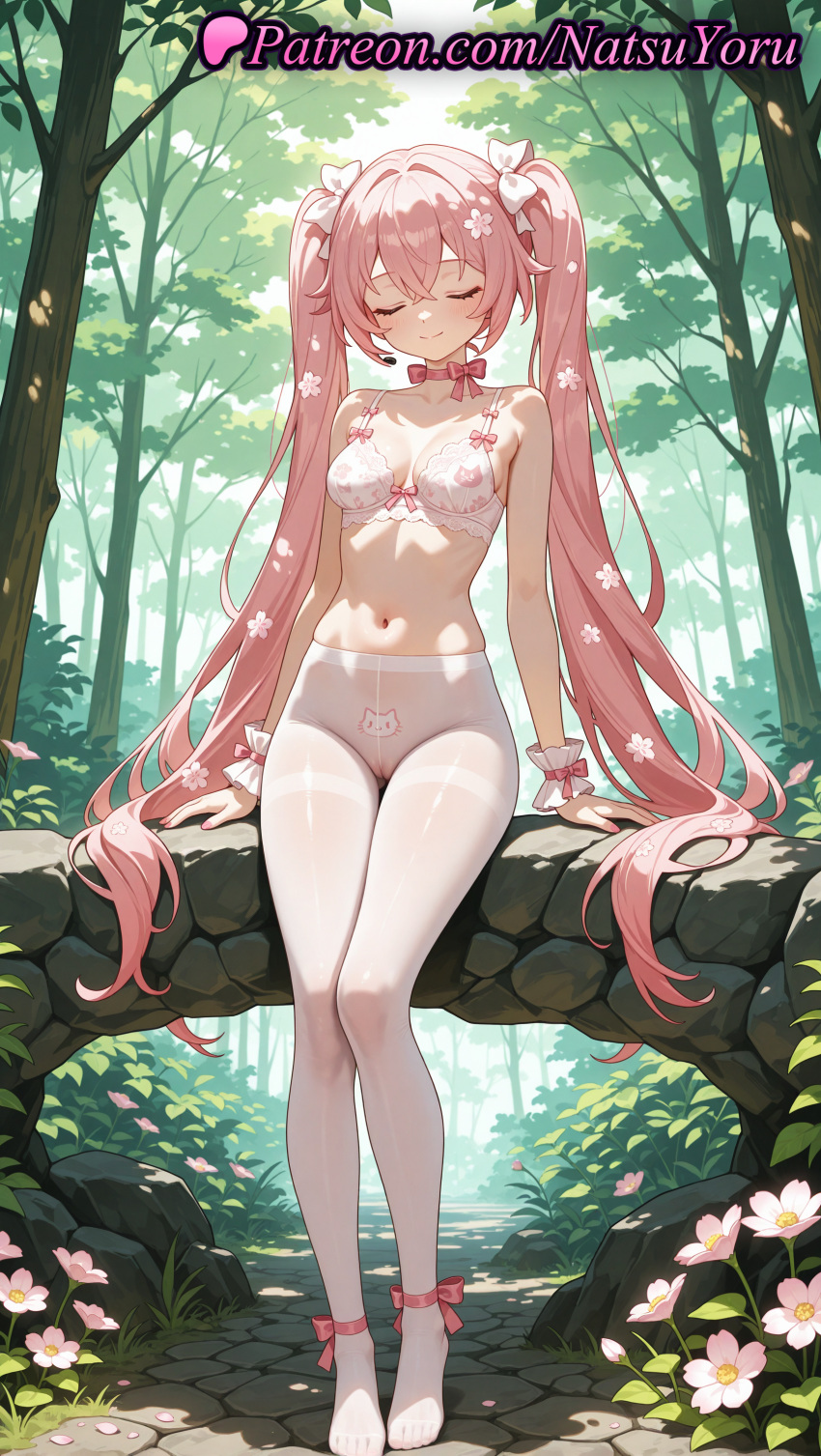 1girl 2025 ai_generated animal_print anime anime_style ankle_ribbon arms_at_sides bangs bare_shoulders big_breasts blush bow bow_bra bra breasts bush bust cameltoe choker cleavage closed_eyes closed_mouth collarbone crossed_bangs crotch_seam dappled_sunlight day facing_viewer feet female_focus female_only floral_print flower foot_fetish forest frilled_bra full_body gusset hair_between_eyes hair_bow hair_flower hair_ornament headset hentai high_quality high_res high_resolution hololive hololive_gamers hololive_gen_0 hololive_gen_1 hololive_japan leg_ribbon legs lingerie long_hair medium_breasts natsuyoru nature navel no_panties no_shoes outside panties panties_under_pantyhose pantyhose patreon pink_bow pink_bra pink_choker pink_flower pink_hair pink_ribbon print_bra printed_panties pussy ribbon ribbon_choker sakura_miko see-through_legwear sitting small_breasts smile solo_female stable_diffusion stomach thighband_pantyhose thighs toes tree twin_tails underwear underwear_only very_long_hair voluptuous voluptuous_female white_bow white_bra white_flower white_pantyhose white_ribbon white_wrist_cuffs wrist_cuffs