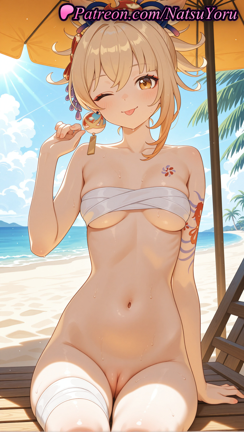 1girl 2025 ai_generated anime anime_style arm_support arm_tattoo asian bandaged_leg bandages bangs bare_shoulders beach beach_chair beach_umbrella big_breasts bikini blonde_hair blue_sky blush bottomless breast_tattoo breasts budget_sarashi bust chair chest_sarashi chest_tattoo cleft_of_venus cloud collarbone day earrings female_focus female_only female_solo flower_tattoo food genshin_impact hair_between_eyes hair_ornament hand_up hentai high_quality high_res high_resolution holding holding_food looking_at_viewer medium_breasts naked_bandage natsuyoru navel nude_female ocean one_eye_closed orange_eyes outside palm_tree patreon ponytail pussy sand sarashi shoulder_tattoo sitting sky smile solo_female stable_diffusion stomach sunlight sweat tattoo thighs tongue tongue_out tree umbrella uncensored under_boob voluptuous voluptuous_female water wet yellow_eyes yoimiya_(genshin_impact)