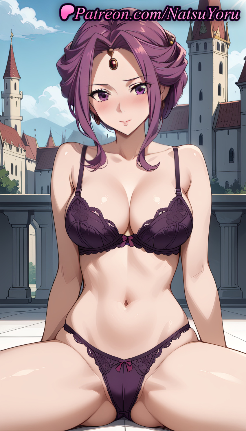 1girl 2025 ai_generated anime anime_style artist_name ass_visible_through_thighs bare_shoulders big_breasts blue_sky blush bow bow_bra bow_panties bra breasts bust cameltoe castle cleavage closed_mouth cloud collarbone day female_focus female_only forehead forehead_jewel hentai high_quality high_res high_resolution jewelry lace-trimmed_bra lingerie looking_at_viewer mature_female mirelia_q_melromarc natsuyoru navel outside panties parted_bangs patreon purple_bra purple_eyes purple_hair purple_panties sidelocks sitting sky smile solo_female spread_legs stable_diffusion stomach tate_no_yuusha_no_nariagari the_rising_of_the_shield_hero thighs underwear underwear_only voluptuous voluptuous_female