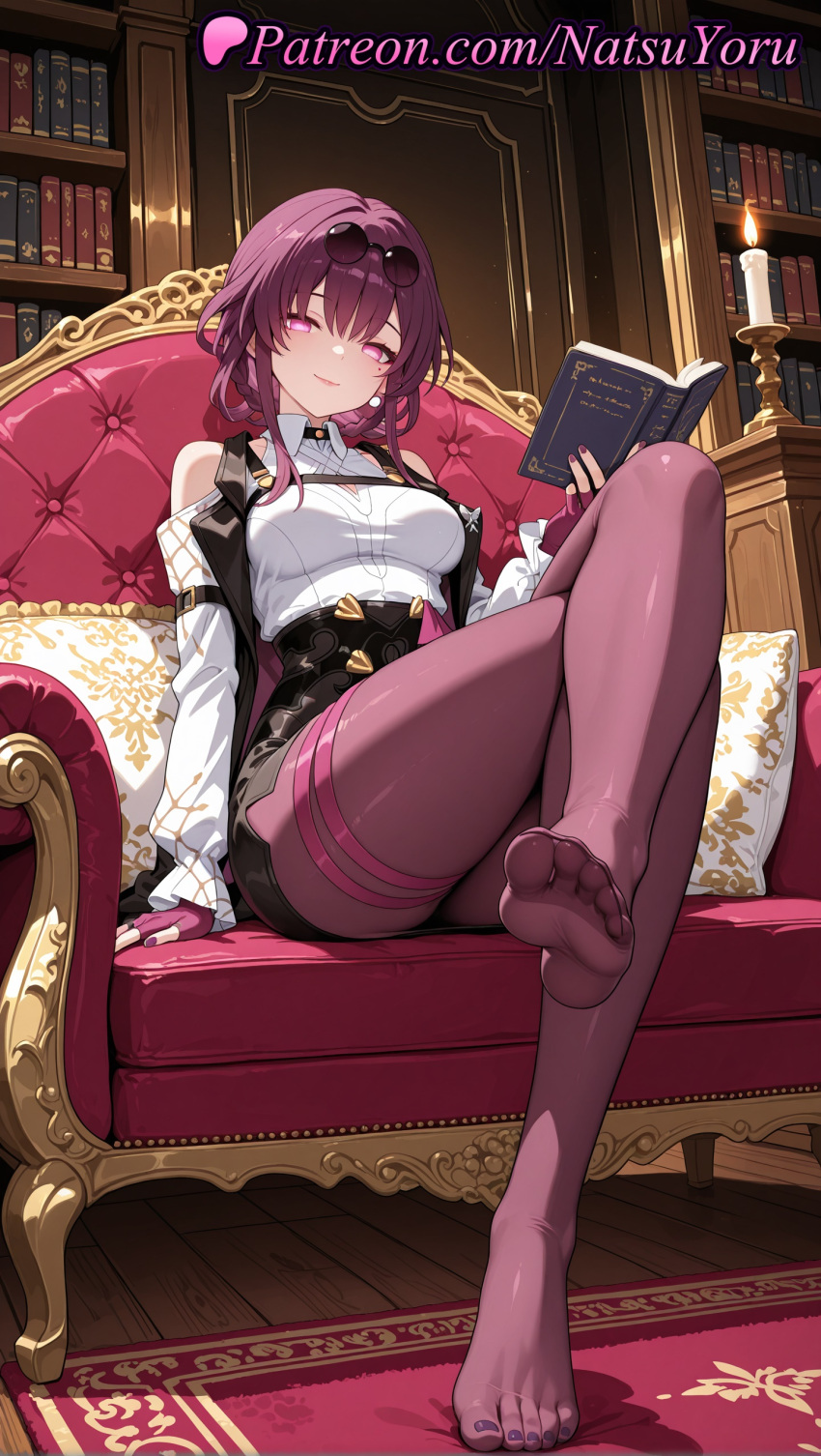 1girl 1girl 1girls 2025 ai ai_assisted ai_generated anime anime_style asian bangs bare_shoulders big_breasts big_breasts black_jacket black_shorts blouse book bookshelf breasts bust candle candlestand chest_harness closed_mouth clothing_cutout collared_shirt couch crossed_legs earrings eyelashes eyeliner eyewear_on_head feet female_focus female_only female_solo fingerless_gloves foot_fetish full_body gloves hair_between_eyes harness hentai high-waist_shorts high_quality high_res high_res high_resolution holding holding_book honkai:_star_rail honkai_(series) hoyoverse indoors jacket jewelry kafka_(honkai:_star_rail) legs long_hair long_sleeves looking_at_viewer medium_breasts nail_polish natsuyoru no_shoes on_couch open_book pantyhose pantyhose_under_shorts patreon pince-nez pink_eyes purple_eyes purple_gloves purple_hair purple_nails purple_pantyhose round_eyewear shirt shorts shoulder_cutout sidelocks sitting skirt smile soles solo_female stable_diffusion sunglasses thigh_strap thighs toenail_polish toenails toes voluptuous voluptuous_female white_shirt