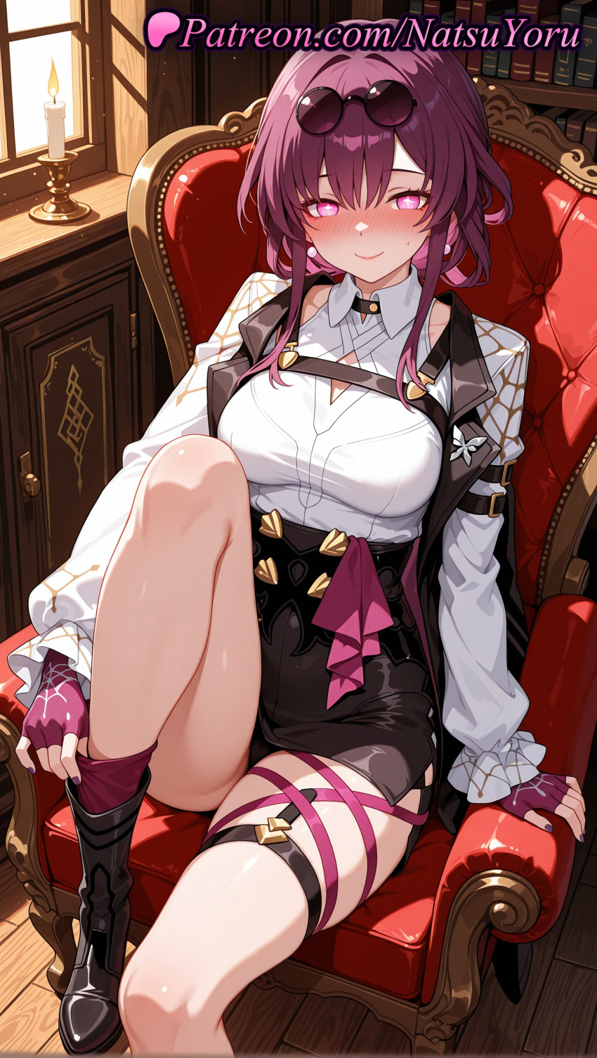 1girl 1girl 1girls 2025 ai ai_assisted ai_generated anime anime_style asian bangs big_breasts big_breasts black_footwear black_jacket black_shorts black_skirt blouse blush boots breasts bust candle chair chest_harness cleavage_cutout closed_mouth clothing_cutout collared_shirt earrings eyelashes eyeliner eyewear_on_head female_focus female_only female_solo fingerless_gloves foot_out_of_frame footwear gloves hair_between_eyes harness heart heart-shaped_pupils hentai high-waist_shorts high_quality high_res high_res high_resolution honkai:_star_rail honkai_(series) hoyoverse indoors jacket japanese jewelry kafka_(honkai:_star_rail) knee_up long_hair long_sleeves looking_at_viewer nail_polish natsuyoru on_chair panties patreon pince-nez pink_eyes pink_gloves purple_eyes purple_gloves purple_hair purple_nails round_eyewear shirt short_hair shorts sitting skirt smile socks solo_female spider_web_print stable_diffusion sunglasses symbol-shaped_pupils thigh_strap thighs tinted_eyewear underwear voluptuous voluptuous_female white_shirt window