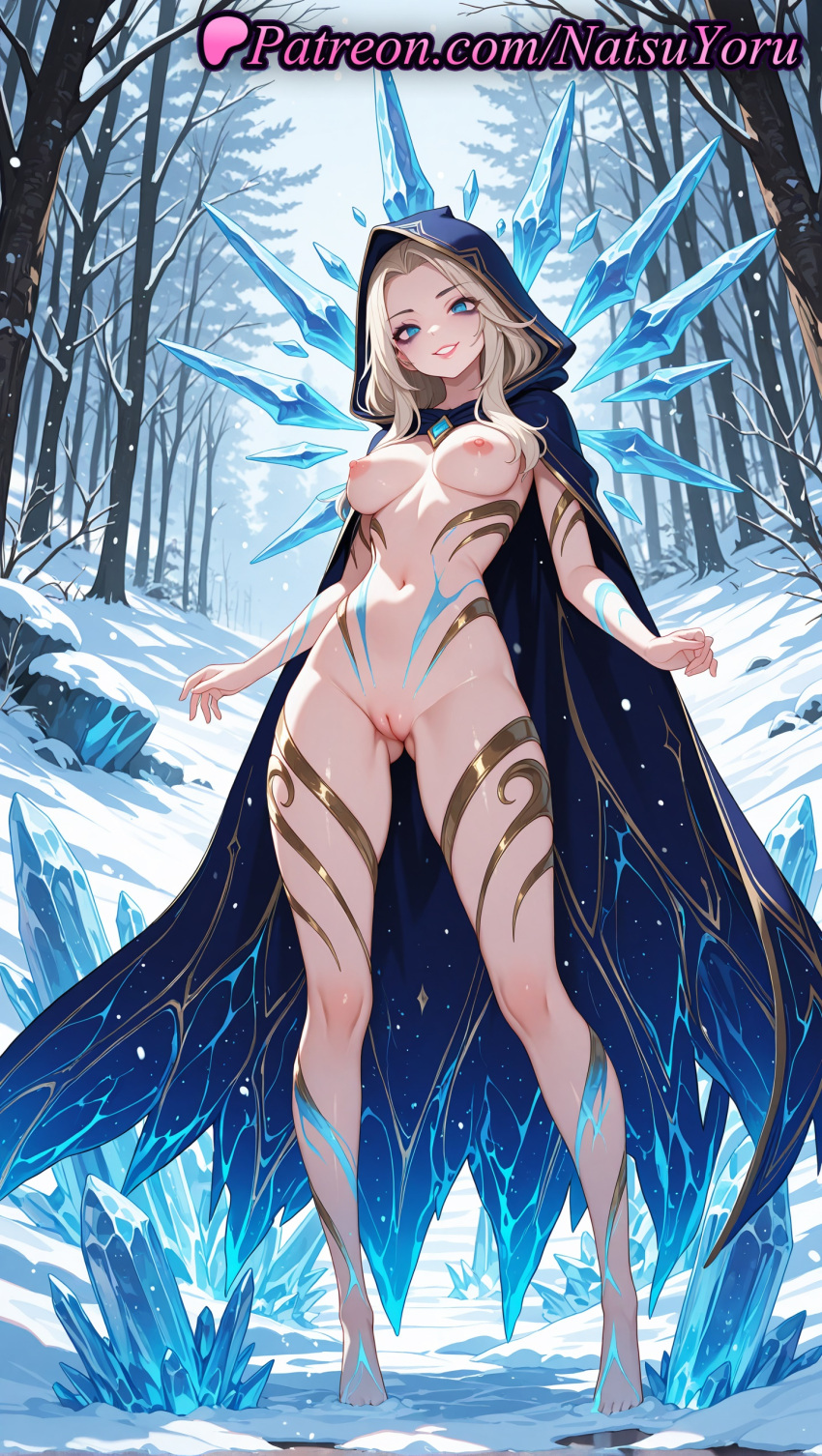 1girl 1girl 1girls 2025 ai ai_assisted ai_generated anime anime_style artist_name ashe_(league_of_legends) ass_visible_through_thighs bare_tree barefoot big_breasts big_breasts blonde_hair blue_cape blue_eyes breasts bust cape cleft_of_venus cloak crystal feet female_focus female_only foot_fetish forest full_body gem grin hentai high_quality high_res high_res high_resolution hood hood_up hooded_cape hooded_cloak ice league_of_legends league_of_legends:_wild_rift legs legs_apart long_hair looking_at_viewer makeup medium_breasts naked_cloak natsuyoru nature navel nipples nipples_outside non-asian nude nude_female outside paipan pale_skin parted_lips patreon pussy pussy riot_games shaved_vagina smile snow snowing solo_female stable_diffusion standing stomach tattoo thighs toenails toes tree uncensored uncensored_nipples voluptuous voluptuous_female winter