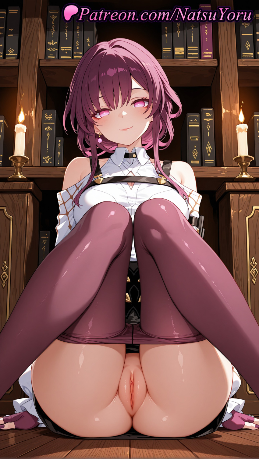 1girl 1girls 2025 ai ai_assisted ai_generated anime anime_style anus arm_support asian ass bangs bare_shoulders big_breasts black_skirt blouse blush book bookshelf breasts bust candle chest_harness cleft_of_venus closed_mouth clothes_pull clothing_cutout collared_shirt earrings eyelashes eyeliner feet_out_of_frame female female_focus female_only female_solo fingerless_gloves gloves harness heart hentai high_quality high_res high_resolution honkai:_star_rail honkai_(series) hoyoverse indoors japanese jewelry juicy_butt kafka_(honkai:_star_rail) knees_together_feet_apart knees_up light-skinned_female long_hair long_sleeves looking_at_viewer nail_polish natsuyoru no_panties off_shoulder on_floor pantyhose pantyhose_pull patreon pince-nez pink_eyes purple_eyes purple_gloves purple_hair purple_pantyhose pussy round_eyewear shirt shoulder_cutout sidelocks sitting skirt smile solo_female stable_diffusion thighs uncensored voluptuous voluptuous_female white_shirt wooden_floor