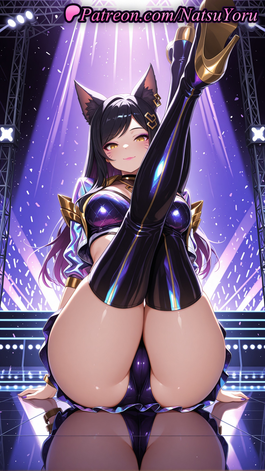 1girl 1girl 1girls 2025 ahri ai ai_assisted ai_generated animal_ear_fluff animal_ears anime anime_style arm_support ass ass bangs big_breasts big_breasts black_hair black_legwear black_panties black_thighhighs blush boots bracelet breasts bust cameltoe choker closed_mouth cropped_jacket crossed_legs ear_piercing earrings facial_mark female_focus female_only fox_ears fox_girl glowstick hair_ornament heart hentai high_heel_boots high_heels high_quality high_res high_res high_resolution idol jacket jewelry juicy_butt k/da_(league_of_legends) k/da_ahri k/da_all_out_ahri k/da_all_out_series k/da_series league_of_legends league_of_legends:_wild_rift legs legs_up long_hair looking_at_viewer makeup miniskirt multicolored_hair nail_polish natsuyoru open_clothes open_jacket panties panties partially_visible_vulva patreon piercing purple_hair purple_nails purple_panties purple_thighhighs race_queen reflection riot_games shiny shiny_clothes shiny_skin shrug_(clothing) sitting skirt smile solo_female stable_diffusion stage stage_lights stockings striped_clothes striped_thighhighs swept_bangs thigh_high_boots thighs underwear voluptuous voluptuous_female whisker_markings yellow_eyes