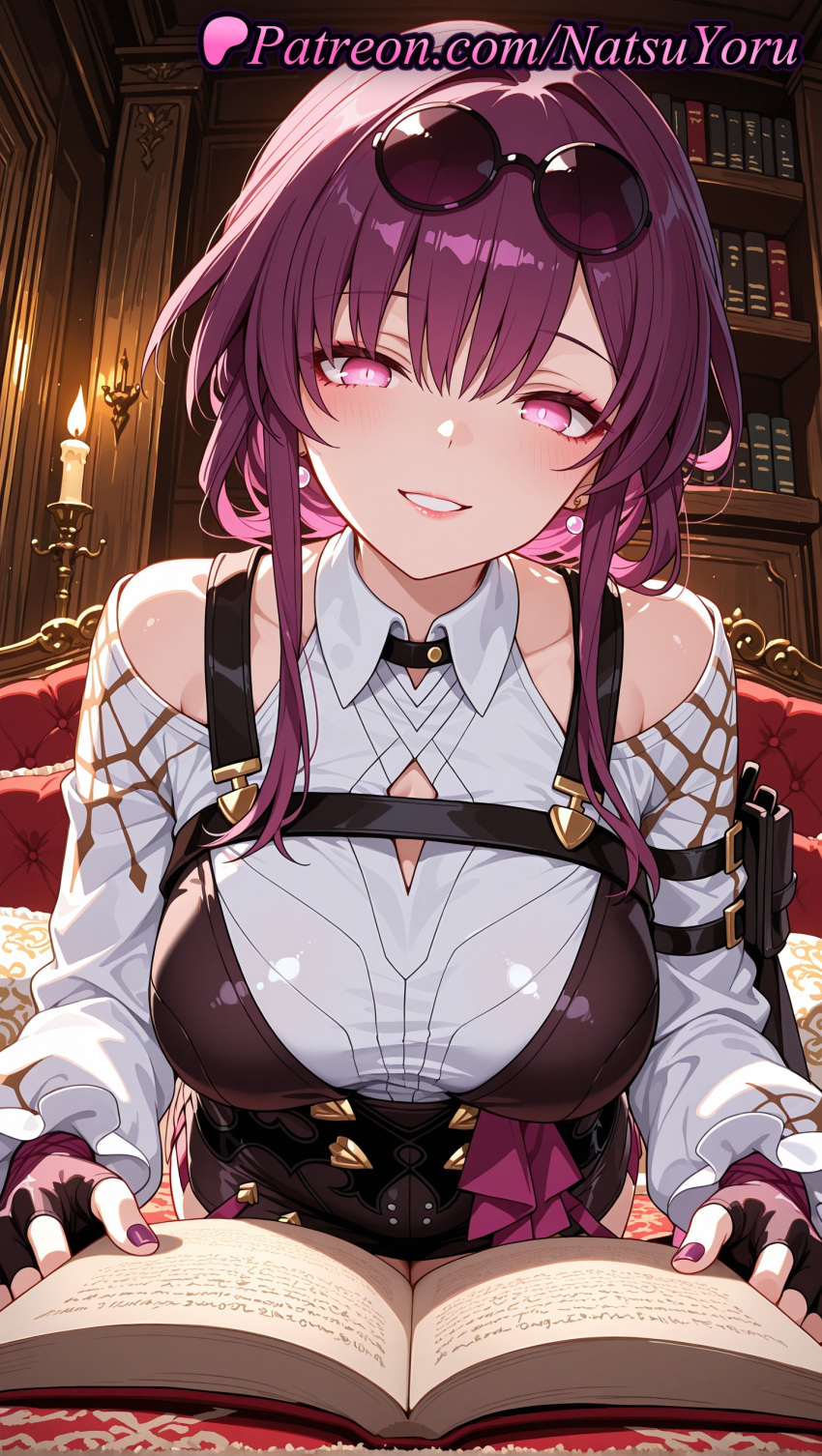 1girl 1girl 1girls 2025 ai ai_assisted ai_generated anime anime_style asian bangs bare_shoulders big_breasts big_breasts black_shorts blouse blush book bookshelf breasts bust candle chest_harness cleavage cleavage_cutout clothing_cutout collared_shirt couch earrings eyelashes eyeliner eyewear_on_head female_focus female_only female_solo fingerless_gloves gloves grin harness hentai high-waist_shorts high_quality high_res high_res high_resolution honkai:_star_rail honkai_(series) hoyoverse indoors japanese jewelry kafka_(honkai:_star_rail) light-skinned_female long_hair long_sleeves looking_at_viewer nail_polish natsuyoru off_shoulder open_book pantyhose pantyhose_under_shorts parted_lips patreon pince-nez pink_eyes purple_eyes purple_gloves purple_hair purple_nails round_eyewear shirt shorts shoulder_cutout sidelocks smile solo_female spider_web_print stable_diffusion sunglasses teasing voluptuous voluptuous_female white_shirt