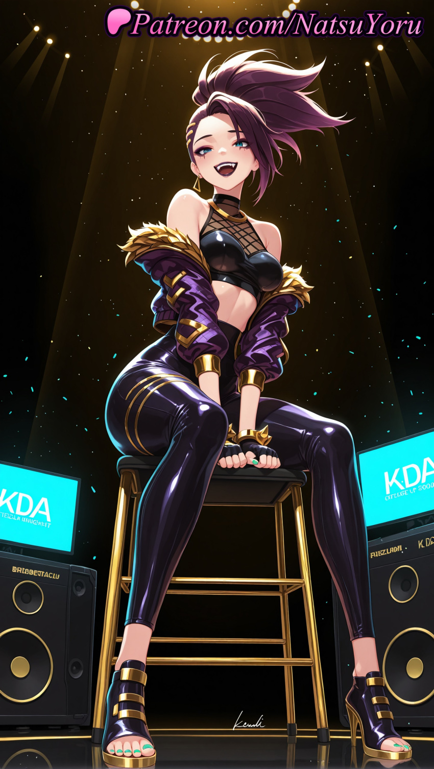 1girl 1girl 1girls 2025 ai ai_assisted ai_generated akali anime anime_style aqua_nails asian asymmetrical_bangs asymmetrical_hair bare_shoulders big_breasts black_gloves black_hair black_pants blue_eyes blush bracelet breasts bust crop_top cropped_jacket earrings eyeshadow female_focus female_only female_solo fingerless_gloves foot_fetish full_body fur-trimmed_jacket fur_trim gloves green_nails hentai high_heels high_quality high_res high_res high_resolution hoop_earrings idol jacket jewelry k/da_(league_of_legends) k/da_akali k/da_all_out_akali k/da_all_out_series k/da_series league_of_legends league_of_legends:_wild_rift leather_pants leggings lipstick long_hair looking_at_viewer makeup medium_breasts microphone midriff nail_polish natsuyoru navel off_shoulder official_alternate_costume open_clothes open_jacket open_mouth pants patreon ponytail purple_hair purple_jacket riot_games sandals shiny shiny_clothes signature sitting smile solo_female speaker spikes spotlight stable_diffusion stage stage_lights stool strappy_heels teeth tight_clothes tight_pants toeless_footwear toenail_polish toenails toes upper_teeth_only voluptuous voluptuous_female