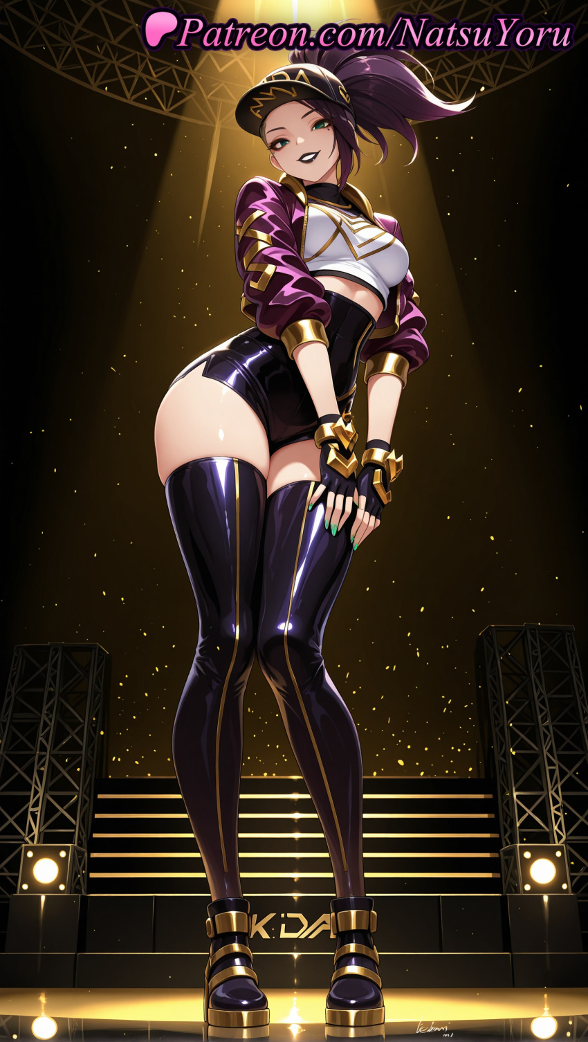 1girl 1girl 1girls 2025 ai ai_assisted ai_generated akali anime anime_style baseball_cap belt big_breasts black_gloves black_legwear black_lips black_thighhighs boots bracelet breasts bust choker crop_top cropped_jacket earrings eyeshadow female_focus female_only fingerless_gloves full_body gloves green_eyes green_nails hat hentai high_quality high_res high_res high_resolution idol jacket jewelry k/da_(league_of_legends) k/da_akali k/da_all_out_akali k/da_all_out_series k/da_series league_of_legends league_of_legends:_wild_rift lipstick long_hair looking_at_viewer makeup medium_breasts midriff nail_polish natsuyoru official_alternate_costume parted_lips patreon ponytail purple_hair purple_jacket riot_games shiny shiny_clothes shiny_skin short_shorts shorts smile solo_female spotlight stable_diffusion stage stage_lights stairs standing stockings thighs voluptuous voluptuous_female