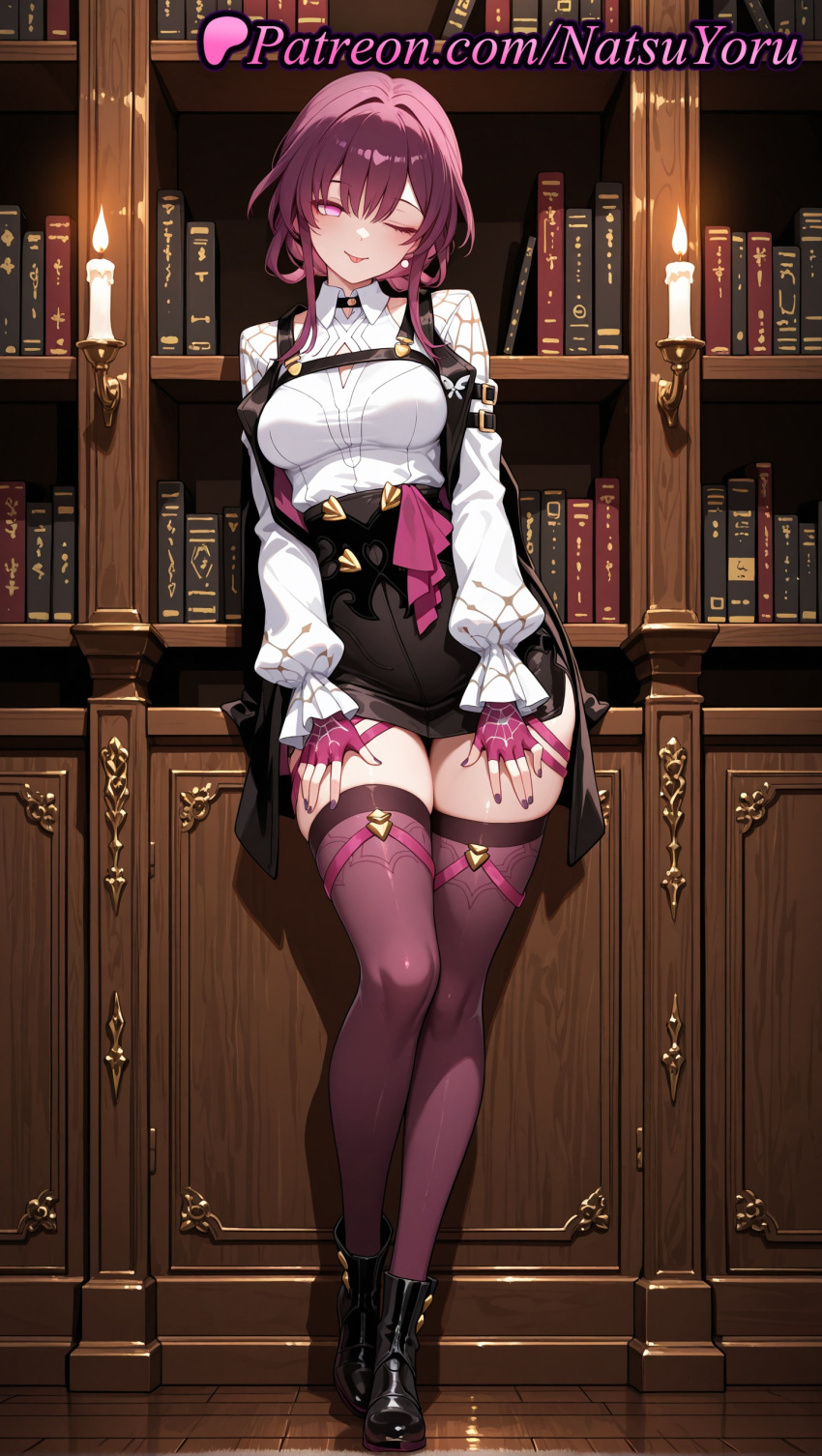 1girl 1girl 1girls 2025 ai ai_assisted ai_generated anime anime_style ankle_boots asian bangs big_breasts big_breasts black_footwear black_shorts blouse blush book bookshelf boots breasts bust candle chest_harness clothing_cutout collared_shirt earrings eyelashes eyeliner eyewear_on_head female_focus female_only female_solo fingerless_gloves full_body gloves hair_between_eyes hands_on_own_thighs harness hentai high-waist_shorts high_quality high_res high_res high_resolution honkai:_star_rail honkai_(series) hoyoverse indoors jacket japanese jewelry kafka_(honkai:_star_rail) library light-skinned_female long_hair long_sleeves looking_at_viewer medium_breasts multiple_rings nail_polish natsuyoru one_eye_closed patreon pink_gloves purple_eyes purple_gloves purple_hair purple_nails purple_thighhighs ring round_eyewear shirt shorts shoulder_cutout smile solo_female stable_diffusion standing stockings teasing thighs tongue tongue_out voluptuous voluptuous_female white_shirt wig