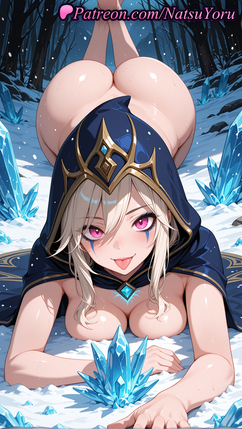 1girl 1girl 1girls 2025 ai ai_assisted ai_generated anime anime_style ashe_(league_of_legends) ass ass bangs barefoot big_breasts big_breasts black_cape blonde_hair blush breast_press breasts bust cape cleavage cloak crystal eyeshadow facial_mark feet feet_up female_focus female_only foot_fetish forest hair_between_eyes hentai high_quality high_res high_res high_resolution hood hood_up hooded_cloak ice juicy_butt league_of_legends league_of_legends:_wild_rift legs long_hair looking_at_viewer lying makeup medium_breasts naked_cape naked_cloak natsuyoru non-asian nude nude_female on_stomach outside patreon pink_eyes purple_eyes riot_games sidelocks smile snow snowing solo_female stable_diffusion sweat the_pose tongue tongue_out top-down_bottom-up tree voluptuous voluptuous_female white_hair