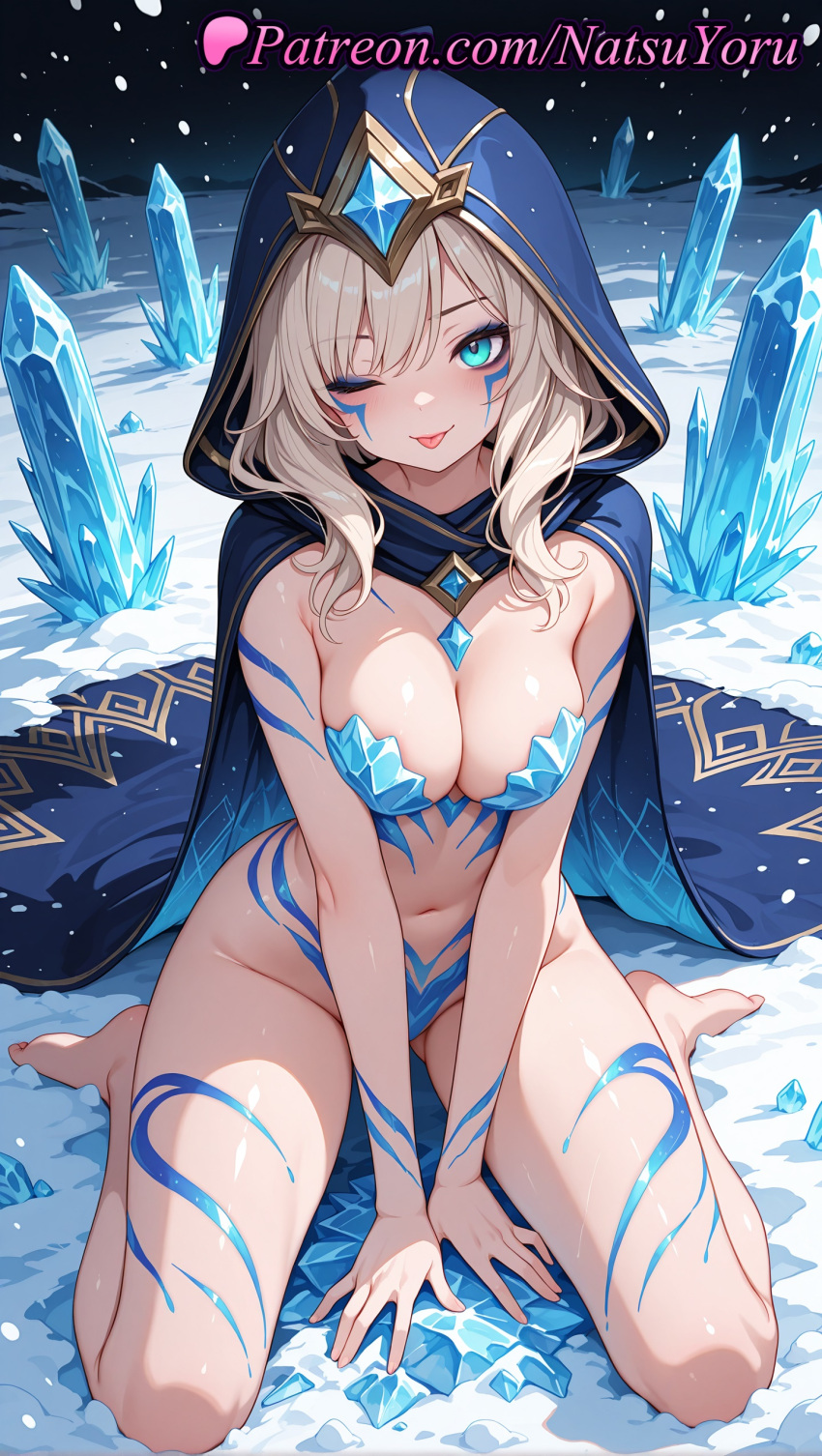 1girl 1girl 1girls 2025 ai ai_assisted ai_generated anime anime_style aqua_eyes ashe_(league_of_legends) bangs bare_shoulders barefoot between_legs big_breasts big_breasts blonde_hair blue_cape blue_cloak blue_eyes blush body_markings body_paint bodypaint breasts bust cape cleavage cloak crystal facepaint facial_mark feet female_focus female_only foot_fetish full_body gem hentai high_quality high_res high_res high_resolution hood hood_up hooded_cloak ice kneel league_of_legends league_of_legends:_wild_rift long_hair looking_at_viewer makeup medium_breasts naked_cloak natsuyoru navel one_eye_closed pale_skin patreon revealing_clothes riot_games sitting smile snow snowing solo_female stable_diffusion stomach tattoo thighs tongue tongue_out v_arms voluptuous voluptuous_female wariza