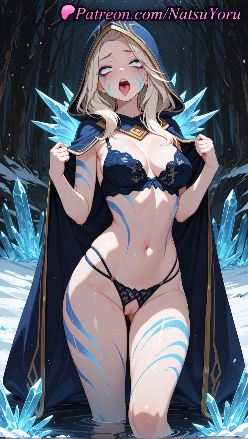 1girl 1girl 1girls 2025 ahegao ai ai_assisted ai_generated anime anime_style artist_name ashe_(league_of_legends) ass_visible_through_thighs big_breasts big_breasts black_bra black_panties blonde_hair blue_bra blue_cape blue_cloak blue_eyes blue_panties blush bodypaint bra breasts bust cape cleavage cleft_of_venus cloak crotchless crotchless_panties crystal facial_mark female_focus female_only forest hands_up heart hentai high_quality high_res high_res high_resolution highleg_panties hood hood_up hooded_cape hooded_cloak ice lace-trimmed_bra lace_trim league_of_legends league_of_legends:_wild_rift lingerie long_hair looking_at_viewer medium_breasts multi-strapped_panties natsuyoru nature navel open_mouth outside panties panties patreon pussy pussy riot_games rolling_eyes skindentation snow solo_female stable_diffusion standing stomach string_panties tattoo teeth thigh_gap thighs tongue tongue_out tree uncensored underwear upper_teeth_only voluptuous voluptuous_female wading water