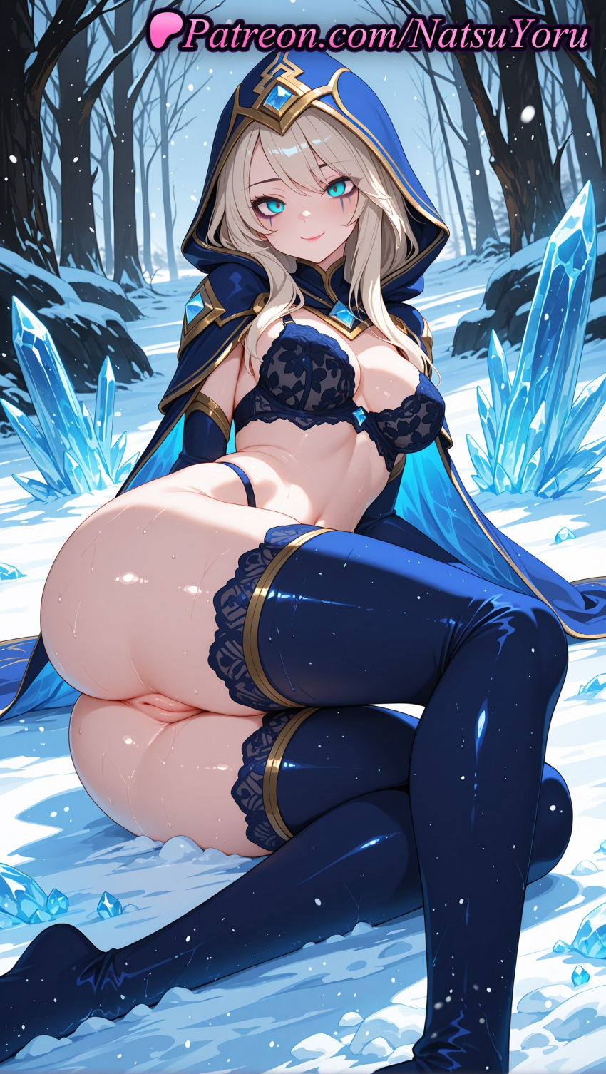 1girl 1girl 1girls 2025 ai ai_assisted ai_generated anime anime_style anus anus arm_support artist_name ashe_(league_of_legends) ass ass bangs bare_tree big_breasts big_breasts black_bra blonde_hair blue_bra blue_cape blue_cloak blue_eyes blue_footwear blue_gloves blue_thighhighs blush boots bra breasts bust cape cleavage cleft_of_venus cloak closed_mouth crystal elbow_gloves facial_mark female_focus female_only gem gloves gold_trim hentai high_quality high_res high_res high_resolution highleg highleg_panties hood hood_up hooded_cape hooded_cloak ice juicy_butt lace-trimmed_bra lace-trimmed_legwear lace_trim league_of_legends league_of_legends:_wild_rift legs lingerie long_hair looking_at_viewer lying medium_breasts natsuyoru navel no_panties no_shoes on_side outside paipan panties patreon pussy pussy riot_games smile snow snowing solo_female stable_diffusion stockings thigh_high_boots thighs tree uncensored underwear voluptuous voluptuous_female winter
