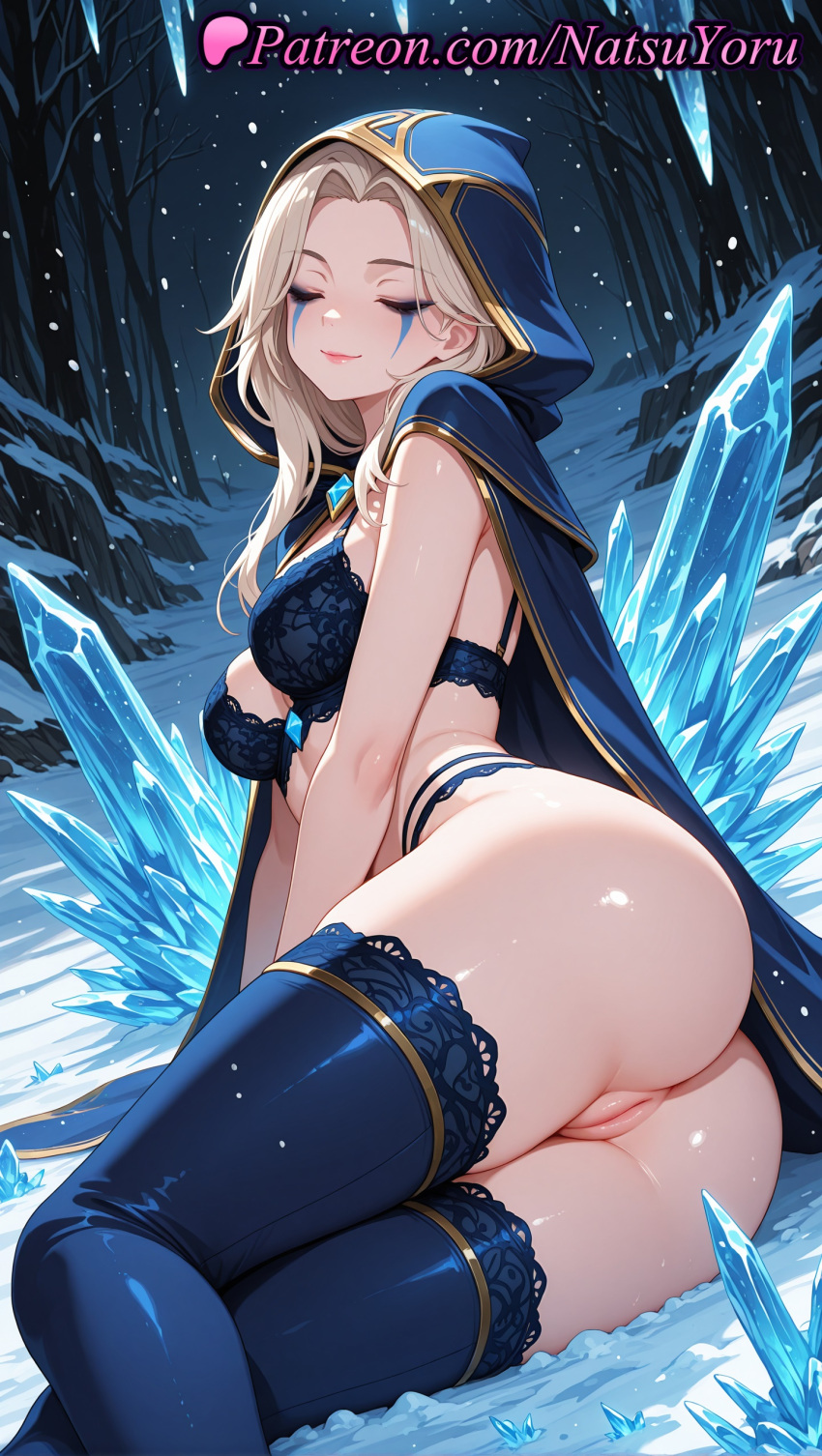 1girl 1girl 1girls 2025 ai ai_assisted ai_generated anime anime_style anus anus artist_name ashe_(league_of_legends) ass ass bangs big_breasts big_breasts black_bra blonde_hair blue_bra blue_cape blue_cloak blue_panties blue_thighhighs bra breasts bust cape cleft_of_venus cloak closed_eyes closed_eyes closed_mouth crystal facial_mark female_focus female_only gem gold_trim hentai high_quality high_res high_res high_resolution highleg hood hood_up hooded_cape hooded_cloak ice juicy_butt labia lace-trimmed_bra lace_trim league_of_legends league_of_legends:_wild_rift lingerie long_hair lying medium_breasts natsuyoru night non-asian on_side outside paipan panties parted_bangs patreon pussy pussy riot_games sitting smile snow snowing solo_female stable_diffusion stockings thighs tree uncensored underwear voluptuous voluptuous_female winter