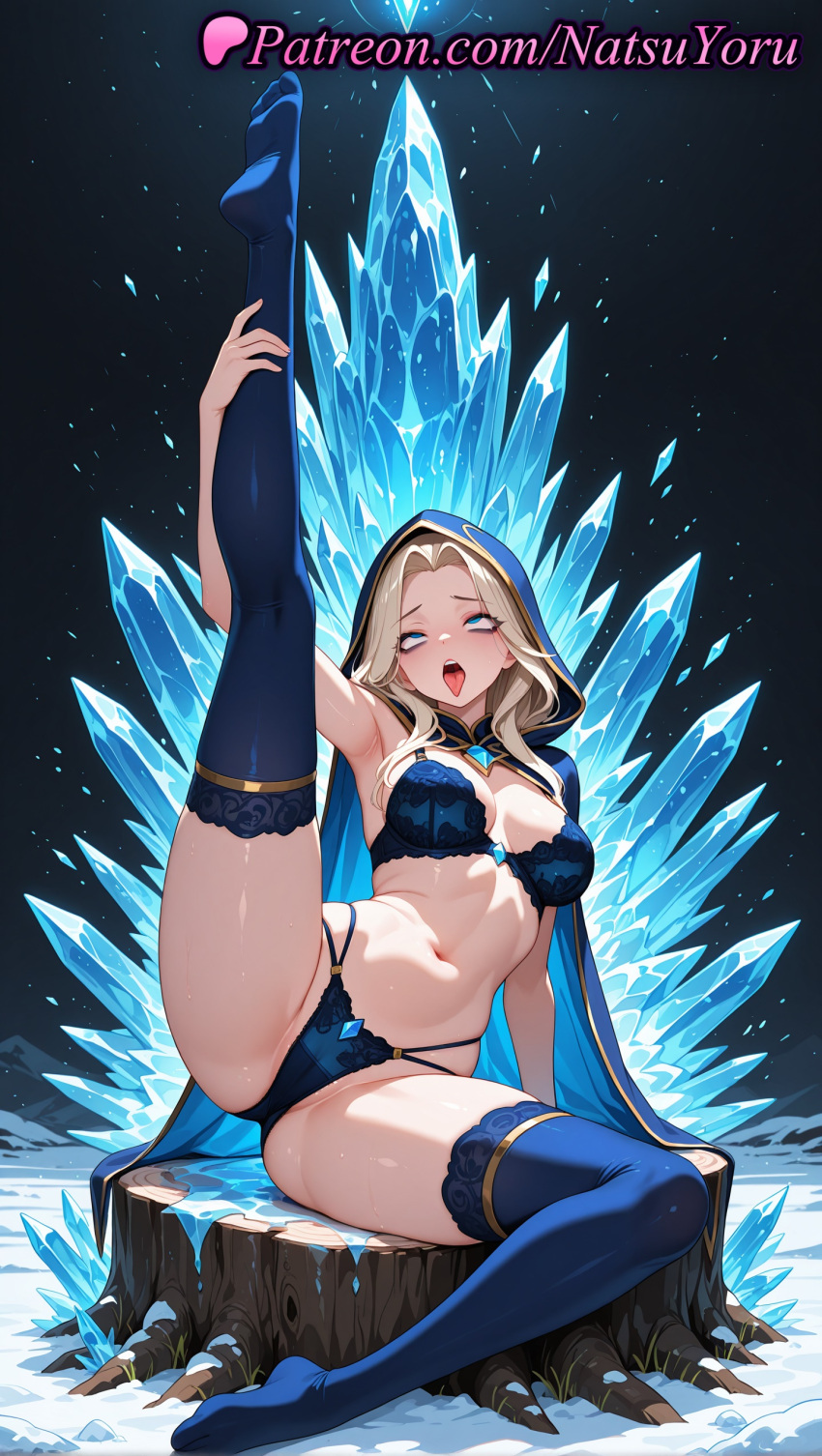 1girl 1girl 1girls 2025 ahegao ai ai_assisted ai_generated anime anime_style arm_up armpit armpits artist_name ashe_(league_of_legends) big_breasts bikini black_panties blonde_hair blue_bra blue_cape blue_cloak blue_eyes blue_panties blue_thighhighs blush bra breasts bust cape cleavage cloak crystal feet female_focus female_only foot_fetish full_body gem hentai high_quality high_res high_res high_resolution highleg highleg_panties holding_leg hood hood_up hooded_cape hooded_cloak ice league_of_legends league_of_legends:_wild_rift leg_lift leg_lift legs lingerie long_hair looking_at_viewer medium_breasts multi-strapped_panties natsuyoru navel no_shoes open_mouth panties parted_bangs patreon riot_games saliva sitting solo_female split spread_legs stable_diffusion stockings stomach thighs tongue tongue_out tree_stump underwear underwear_only voluptuous voluptuous_female