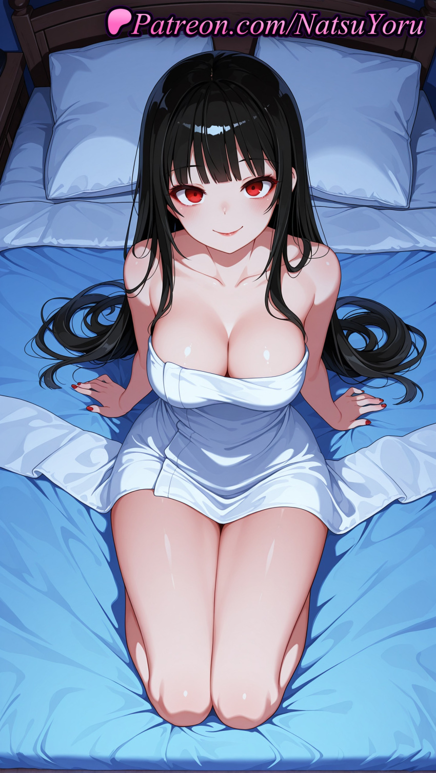 1girl 1girls 2025 ai ai_assisted ai_generated anime anime_style arm_support asian bangs bare_shoulders bed bed_sheet big_breasts black_hair blunt_bangs blush breasts bust cleavage closed_mouth collarbone female_focus female_only female_solo fingernails from_above full_body hentai high_quality high_res high_resolution indoors jabami_yumeko kakegurui kneel lips long_hair looking_at_viewer nail_polish naked_towel natsuyoru on_bed patreon pillow red_eyes red_nails seiza shiny shiny_skin sitting smile solo_female stable_diffusion thighs towel very_long_hair voluptuous voluptuous_female