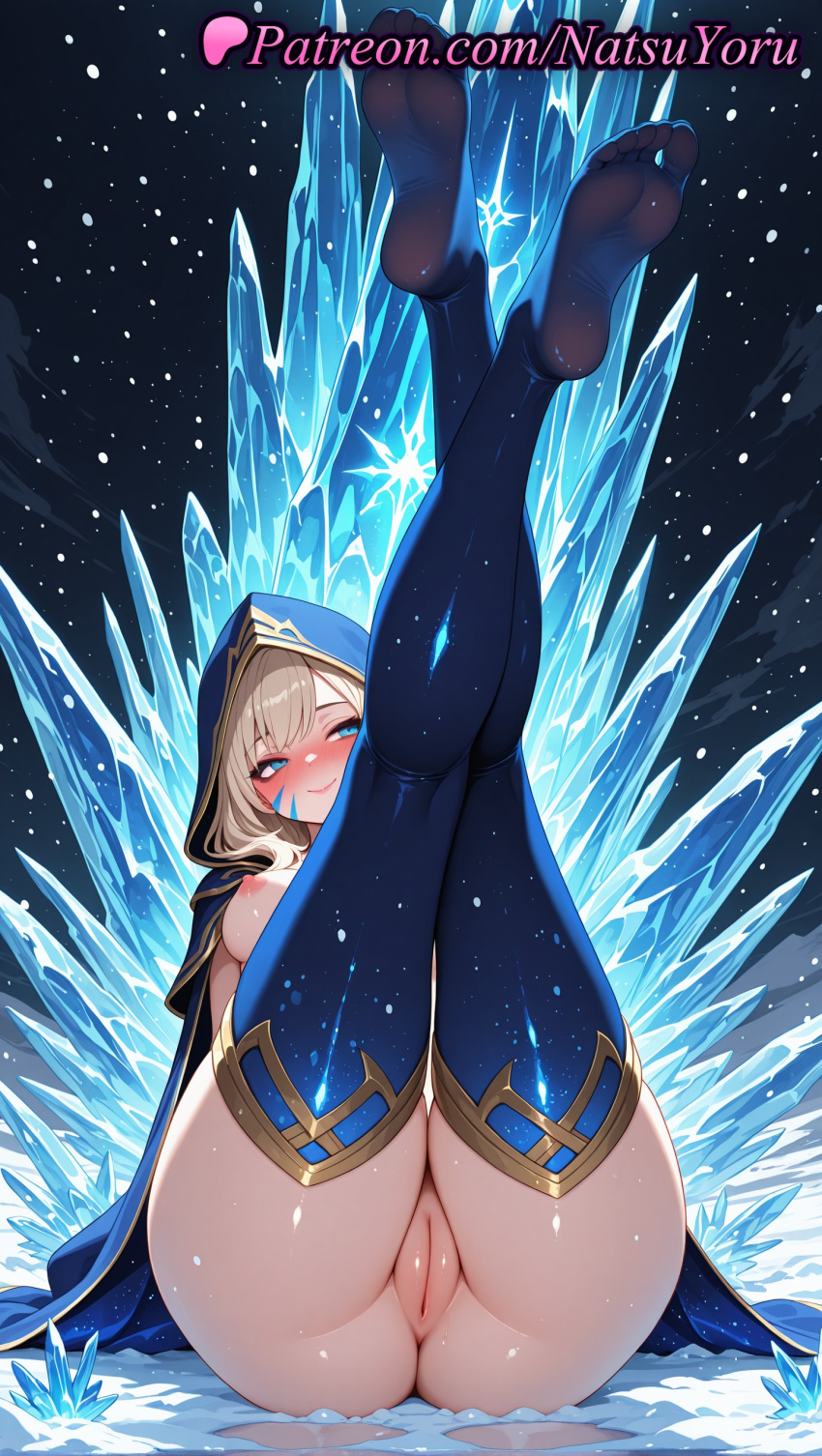 1girl 1girl 1girls 2025 ai ai_assisted ai_generated anime anime_style anus anus ashe_(league_of_legends) ass ass bangs big_breasts big_breasts blonde_hair blue_cape blue_eyes blue_hood blue_thighhighs blush breasts bust cape capelet cleft_of_venus cloak closed_mouth crossed_ankles crossed_legs crystal facial_mark feet female_focus female_only female_solo foot_fetish foot_focus full_body gloves hentai high_quality high_res high_res high_resolution hood hood_up hooded_cloak ice juicy_butt league_of_legends league_of_legends:_wild_rift legs legs_up looking_at_viewer medium_breasts naked_cloak natsuyoru nipples nipples_outside no_shoes non-asian paipan patreon pussy pussy riot_games sitting smile snow snowing soles solo_female stable_diffusion stockings thick_thighs thighs toes uncensored uncensored_nipples voluptuous voluptuous_female