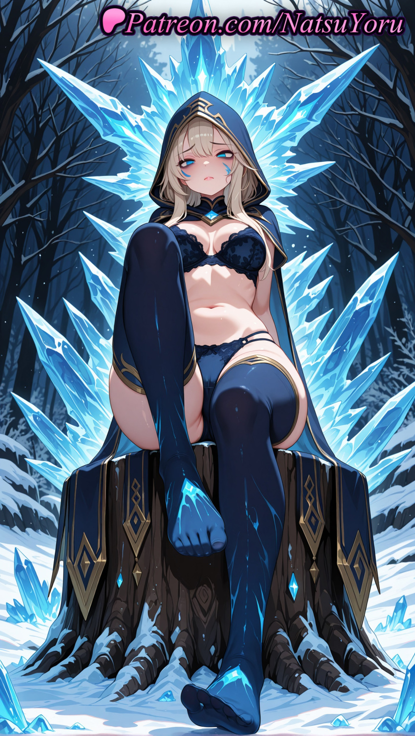1girl 1girl 1girls 2025 ai ai_assisted ai_generated anime anime_style ashe_(league_of_legends) bangs bare_tree big_breasts big_breasts black_bra black_cape black_panties blonde_hair blue_bra blue_cape blue_eyes blue_panties blue_thighhighs blush bra breasts bust cape cleavage cloak crystal facial_mark feet female_focus female_only foot_fetish forest from_below full_body gem hentai high_quality high_res high_res high_resolution hood hood_up hooded_cape hooded_cloak ice knee_up league_of_legends league_of_legends:_wild_rift legs lingerie long_hair looking_at_viewer looking_down medium_breasts moon nail_polish natsuyoru navel night no_shoes non-asian outside panties panties patreon riot_games sitting snow solo_female stable_diffusion stockings stomach thighs toes tree tree_stump underwear voluptuous voluptuous_female