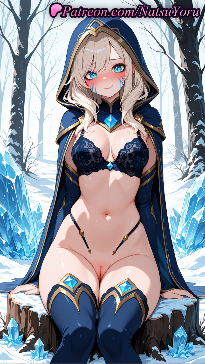 1girl 1girl 1girls 2025 ai ai_assisted ai_generated anime anime_style ashe_(league_of_legends) bangs bare_tree big_breasts big_breasts black_bra blonde_hair blue_bra blue_cape blue_cloak blue_eyes blue_thighhighs blush bottomless bra breasts bright_pupils bust cape cleavage cleft_of_venus cloak closed_mouth crystal detached_sleeves facial_mark female_focus female_only female_solo gem gold_trim heart hentai high_quality high_res high_res high_resolution highleg hood hood_up hooded_cape hooded_cloak lace-trimmed_bra league_of_legends league_of_legends:_wild_rift lingerie long_hair looking_at_viewer medium_breasts natsuyoru navel outside paipan panties patreon pussy pussy riot_games sitting smile snow solo_female stable_diffusion stockings stomach thighs tree uncensored underwear voluptuous voluptuous_female