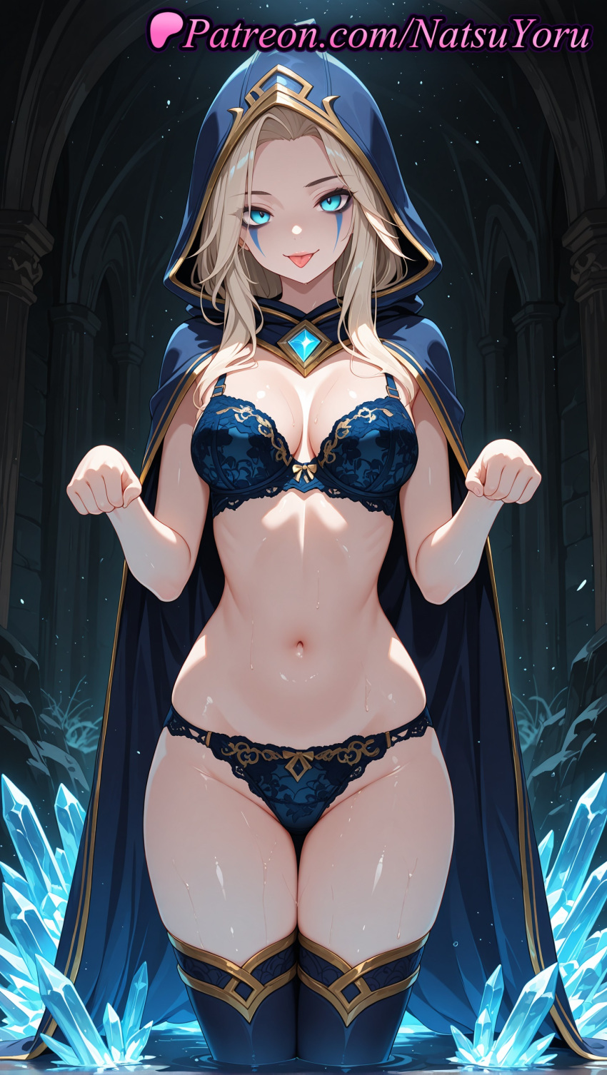 1girl 1girl 1girls 2025 ai ai_assisted ai_generated anime anime_style artist_name ashe_(league_of_legends) big_breasts big_breasts black_thighhighs blonde_hair blue_bra blue_cape blue_cloak blue_eyes blue_panties blue_thighhighs bra breasts bust cape cleavage cloak cowboy_shot crystal facepaint facial_mark female_focus female_only forehead gem gold_trim groin hands_up hentai high_quality high_res high_res high_resolution hood hood_up hooded_cape hooded_cloak indoors lace lace-trimmed_bra lace-trimmed_panties lace_trim league_of_legends league_of_legends:_wild_rift lingerie long_hair looking_at_viewer medium_breasts natsuyoru navel panties panties patreon paw_pose riot_games see-through skindentation smile solo_female stable_diffusion standing stockings stomach thigh_gap thighs tongue tongue_out underwear underwear_only voluptuous voluptuous_female wading water wet