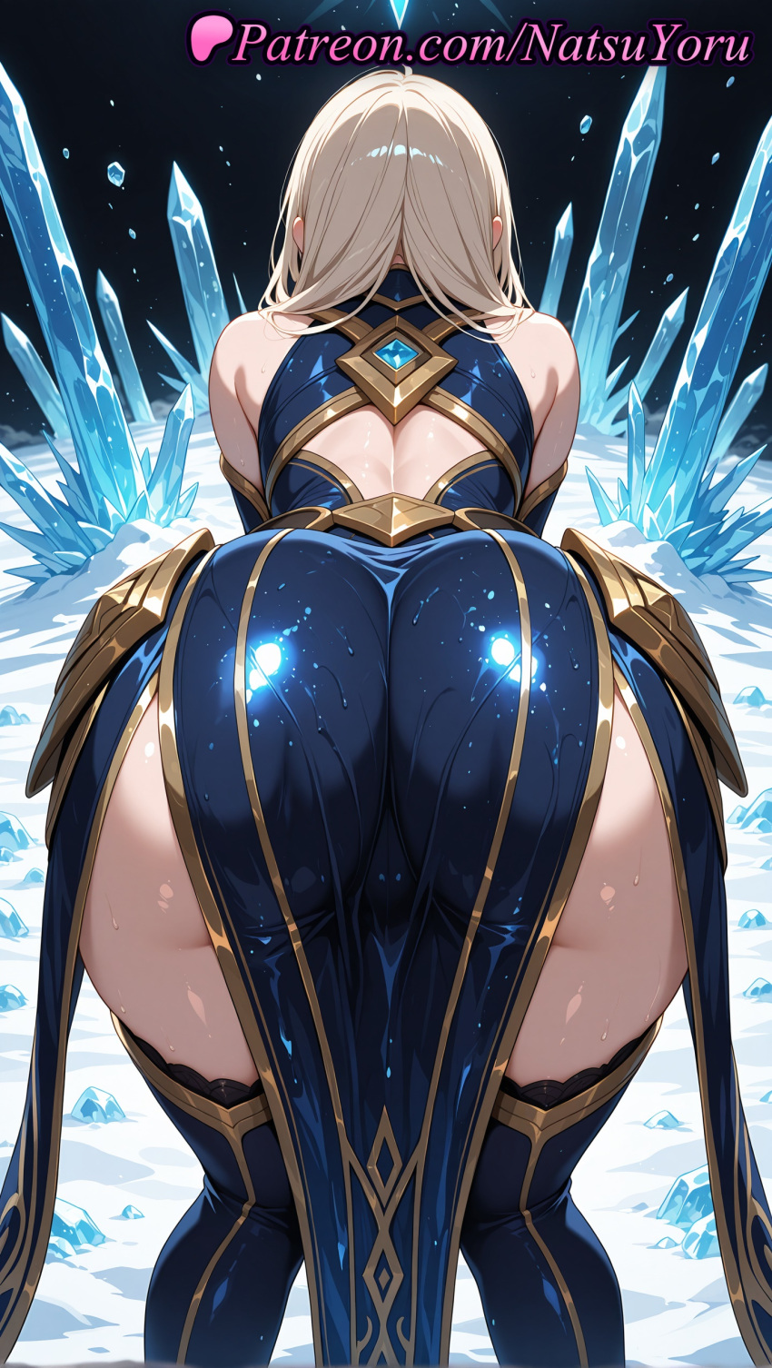 1girl 1girl 1girls 2025 ai ai_assisted ai_generated all_fours anime anime_style ashe_(league_of_legends) asian ass ass ass_focus back back_cutout bare_shoulders bent_over big_breasts black_thighhighs blonde_hair blue_dress blue_thighhighs bust cameltoe clothing clothing_cutout crystal dress elbow_gloves facing_away female_focus female_only from_behind gold_trim hentai high_quality high_res high_res high_resolution huge_ass ice juicy_butt league_of_legends league_of_legends:_wild_rift legs long_hair natsuyoru patreon pelvic_curtain riot_games shiny_clothes skin_tight solo_female stable_diffusion stockings sweat thick_thighs thighs voluptuous voluptuous_female wet white_hair