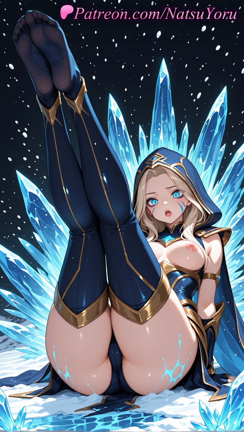 1girl 1girl 1girls 2025 ai ai_assisted ai_generated anime anime_style arm_support armlet armor ashe_(league_of_legends) ass ass bangs big_breasts big_breasts black_panties blonde_hair blue_cape blue_eyes blue_hood blue_leotard blue_thighhighs blush breasts breasts_apart breasts_out bust cameltoe cape crystal facepaint facial_mark feet female_focus female_only fingerless_gloves foot_fetish foot_focus forehead full_body gloves gold_trim hentai high_quality high_res high_res high_resolution hood hood_up hooded_cloak ice juicy_butt league_of_legends league_of_legends:_wild_rift legs legs_together legs_up leotard long_hair looking_at_viewer medium_breasts medium_hair natsuyoru nipples nipples_outside no_shoes non-asian open_mouth pale_skin panties parted_bangs patreon riot_games sitting snow snowing soles solo_female stable_diffusion stockings teeth thighs toes uncensored_nipples underwear upper_teeth_only voluptuous voluptuous_female