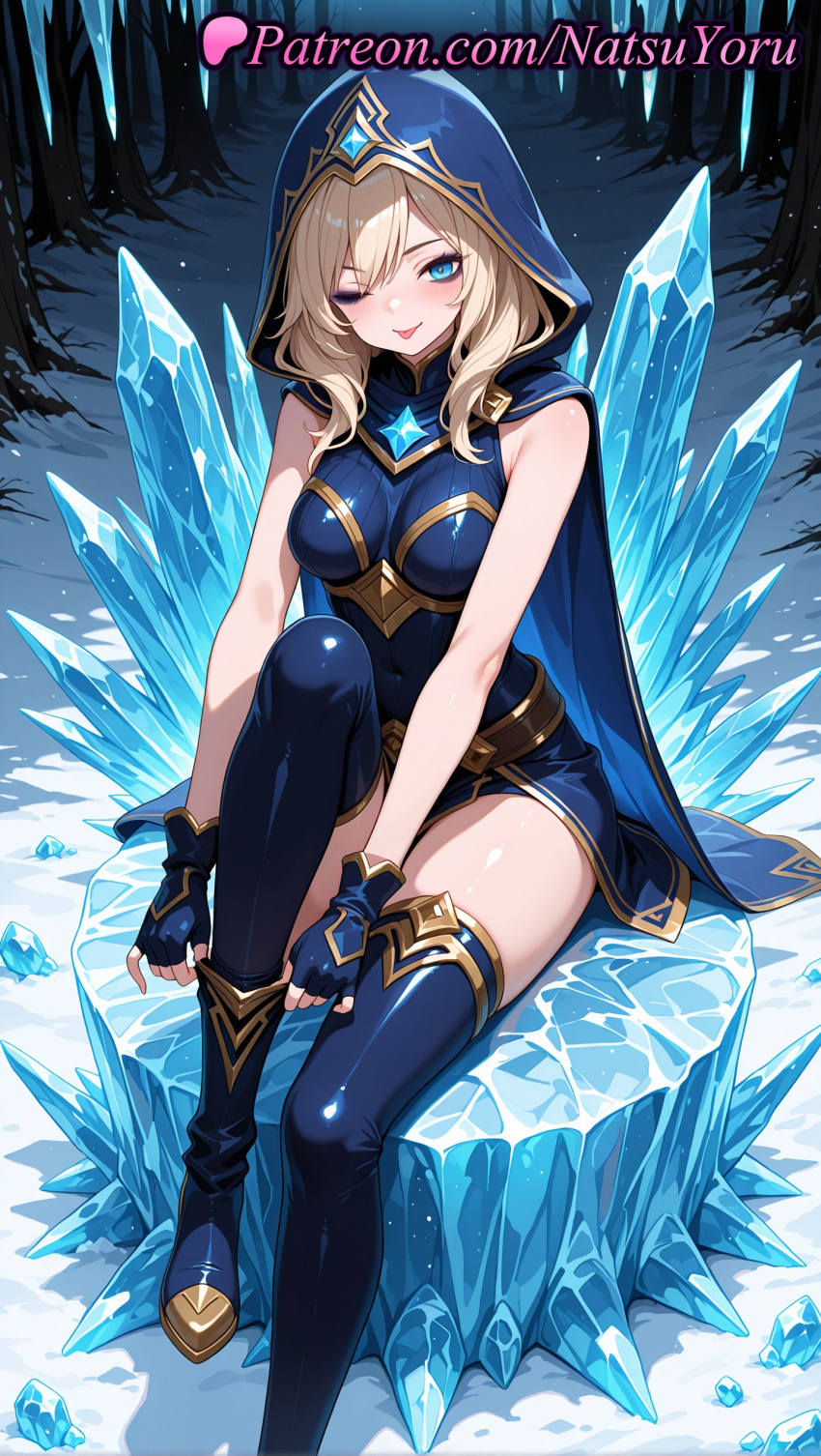 1girl 1girl 1girls 2025 ai ai_assisted ai_generated anime anime_style ashe_(league_of_legends) bangs bare_arms bare_shoulders belt big_breasts black_thighhighs blonde_hair blue_cape blue_eyes blue_footwear blue_gloves blue_thighhighs blush bodysuit boots breasts bust cape covered_navel crystal female_focus female_only fingerless_gloves gem gloves gold_trim hentai high_quality high_res high_res high_resolution hood hood_up hooded_cape ice knee_up league_of_legends league_of_legends:_wild_rift leotard long_hair looking_at_viewer medium_breasts medium_hair natsuyoru non-asian one_eye_closed outside patreon riot_games sitting sleeveless smile snow solo_female stable_diffusion stockings thigh_high_boots thighs tongue tongue_out tree voluptuous voluptuous_female