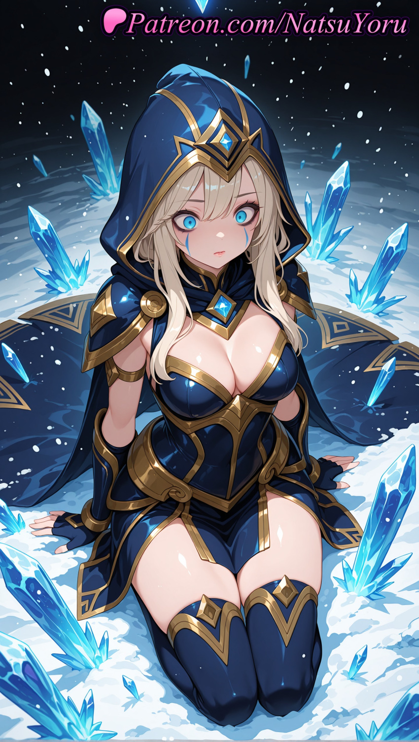 1girl 1girl 1girls 2025 ai ai_assisted ai_generated anime anime_style arm_support armlet armor ashe_(league_of_legends) bangs big_breasts big_breasts black_gloves blonde_hair blue_cape blue_dress blue_eyes blue_gloves blue_hood blue_thighhighs breasts bust cape cleavage closed_mouth crystal dress facepaint facial_mark female_focus female_only fingerless_gloves full_body gem gloves gold_trim hair_between_eyes hentai high_quality high_res high_res high_resolution hood hood_up hooded_cloak ice kneel league_of_legends league_of_legends:_wild_rift long_hair looking_at_viewer looking_down medium_breasts natsuyoru non-asian patreon pelvic_curtain riot_games seiza shoulder_armor sidelocks sitting snow snowing solo_female stable_diffusion stockings thighs voluptuous voluptuous_female