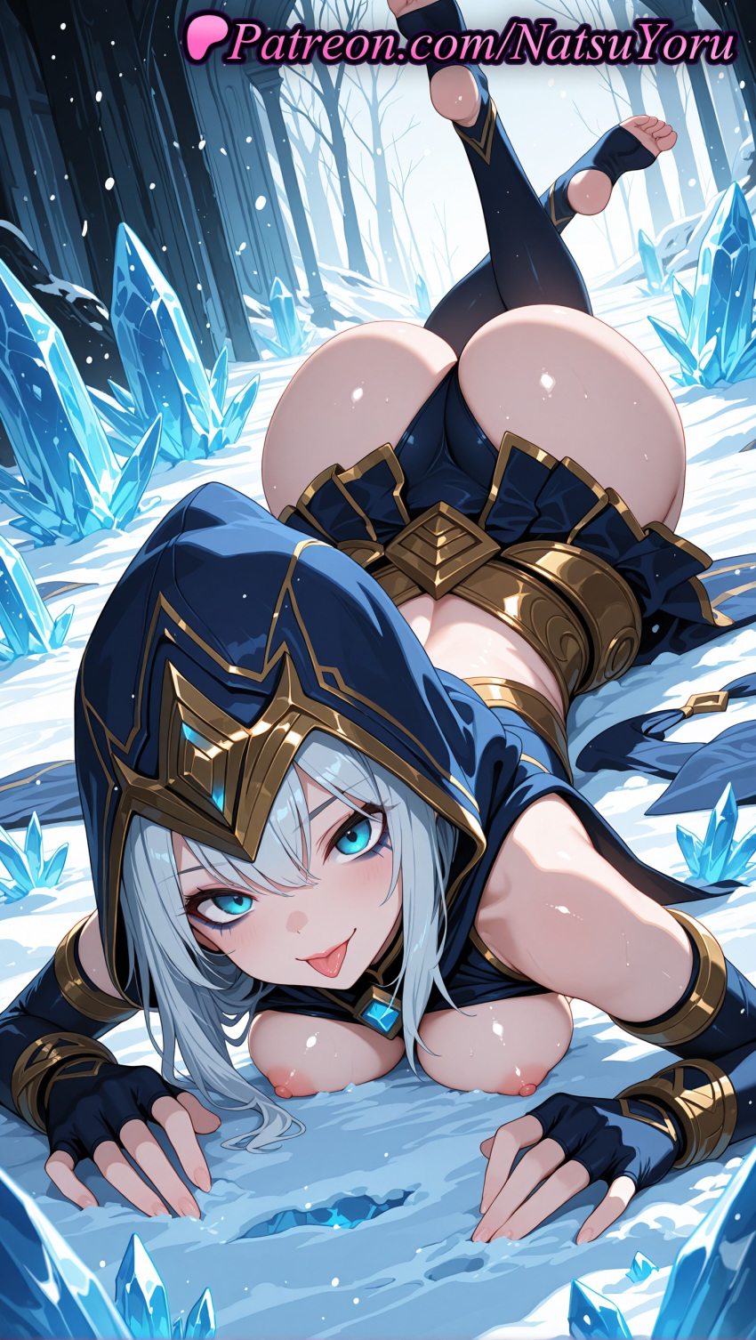 1girl 1girl 1girls 2025 ai ai_assisted ai_generated anime anime_style ashe_(league_of_legends) asian ass ass bangs bare_shoulders big_breasts big_breasts black_gloves black_panties black_thighhighs blue_eyes blue_gloves blush bracelet breast_press breasts breasts_out bust caucasian clothes_lift clothing crystal elbow_gloves feet feet_up female_focus female_only fingerless_gloves foot_fetish forest gem gloves gold_trim grey_hair hair_between_eyes hentai high_quality high_res high_res high_resolution hood hood_up ice juicy_butt large_ass league_of_legends league_of_legends:_wild_rift lipstick long_hair looking_at_viewer lying makeup medium_breasts natsuyoru nipples nipples_outside no_shoes non-asian on_stomach outside pale_skin panties patreon riot_games skirt smile snow snowing soles solo_female stable_diffusion stirrup_legwear stockings the_pose thighs thong toeless_legwear toes tongue tongue_out top-down_bottom-up uncensored_nipples underwear voluptuous voluptuous_female white_hair