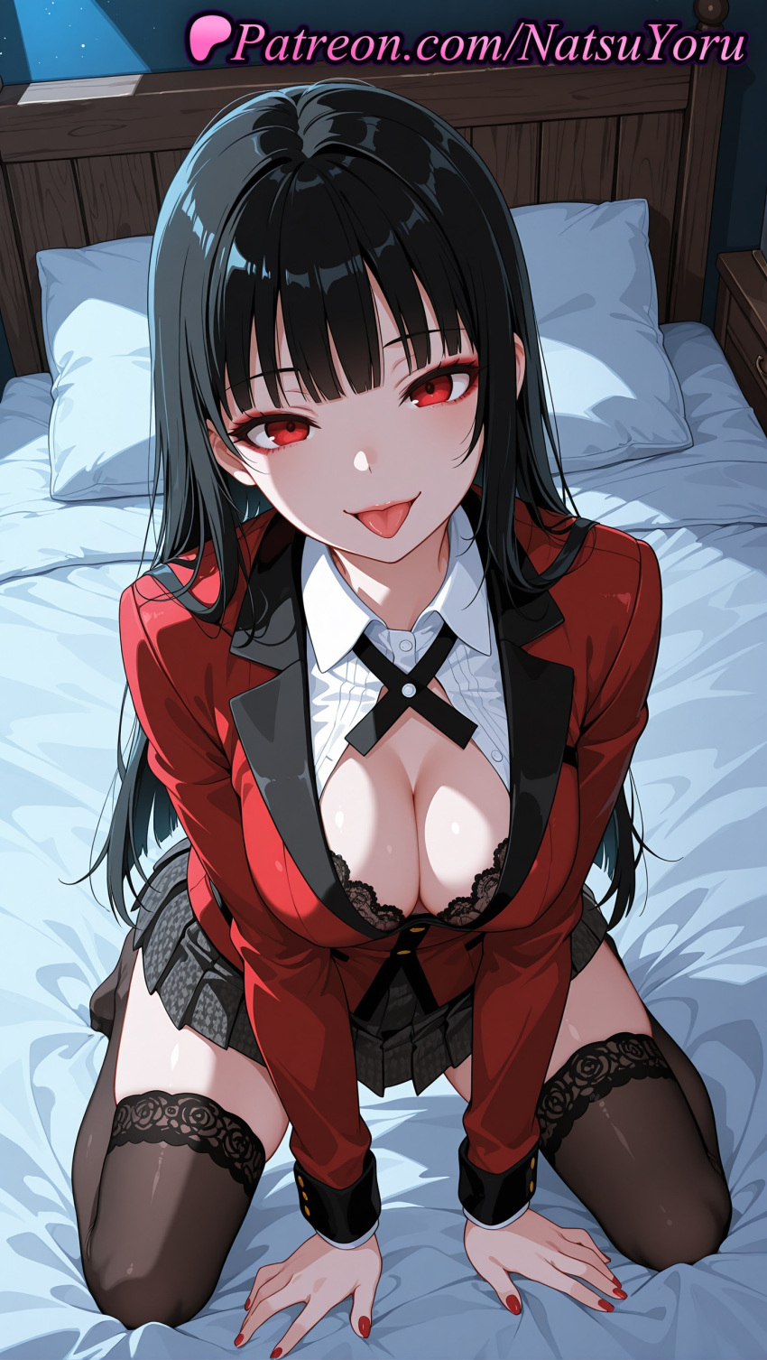 1girl 1girls 2025 ai ai_assisted ai_generated all_fours anime anime_style bangs bed bed_sheet big_breasts black_bra black_hair black_legwear black_skirt black_thighhighs blazer blunt_bangs blush bra bra_peek breasts brown_thighhighs bust cleavage collared_shirt female_focus female_only female_solo hentai high_quality high_res high_resolution hime_cut indoors jabami_yumeko jacket kakegurui kneel lace lace-trimmed_bra lace-trimmed_legwear lace_trim long_hair long_nails long_sleeves looking_at_viewer makeup miniskirt nail_art nail_polish natsuyoru non-asian on_bed open_clothes partially_unbuttoned patreon pillow plaid plaid_skirt pleated_skirt red_eyes red_jacket red_nails school_uniform shirt skirt smile solo_female stable_diffusion stockings straight_hair tongue tongue_out underwear voluptuous voluptuous_female white_shirt zettai_ryouiki