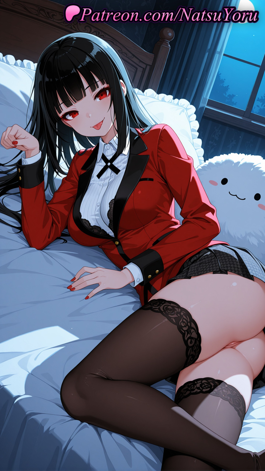1girl 1girls 2025 ai ai_assisted ai_generated alternate_legwear anime anime_style ass bangs bed bed_sheet big_breasts black_bra black_hair black_legwear black_skirt black_thighhighs blazer blunt_bangs blush bottomless bra breasts bust collared_shirt curtains female_focus female_only female_solo hentai high_quality high_res high_resolution hime_cut houndstooth indoors jabami_yumeko jacket juicy_butt kakegurui lace_trim legs long_hair long_nails long_sleeves looking_at_viewer lying makeup miniskirt moon nail_art nail_polish natsuyoru night no_panties non-asian on_bed on_side patreon paw_pose pillow pleated_skirt pussy red_eyes red_jacket red_nails school_uniform shirt skirt smile solo_female stable_diffusion stockings stuffed_toy thighs tongue tongue_out uncensored underwear voluptuous voluptuous_female white_shirt window