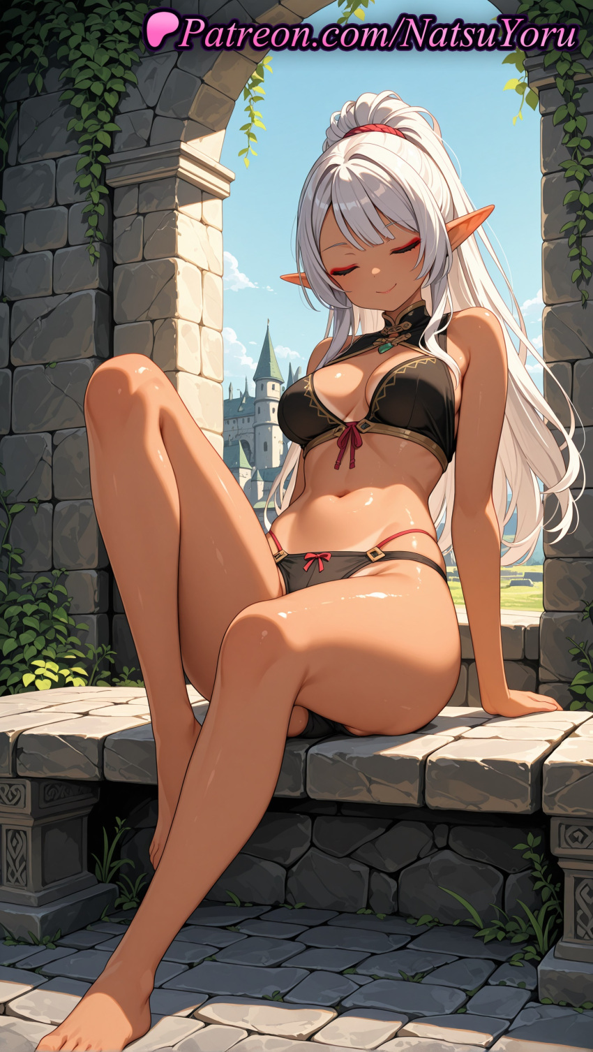 1girl 1girl 1girls 2025 ai ai_assisted ai_generated aisha_udgard anime anime_style arm_support asian bangs bare_arms bare_legs bare_shoulders barefoot big_breasts big_breasts bikini black_bikini black_bra black_panties bra breasts breasts_apart bust castle cleavage closed_eyes closed_eyes closed_mouth dark-skinned_female dark_elf dark_skin day elf elf_ears feet female_focus female_only foot_fetish full_body genjitsu_shugi_yuusha_no_oukoku_saikenki hentai high_ponytail high_quality high_res high_res high_resolution knee_up legs long_hair makeup medium_breasts midriff multi-strapped_panties natsuyoru navel oiled outside panties patreon pointy_ears ponytail scrunchie sitting sky smile solo_female stable_diffusion stomach string_bikini swimsuit thighs toenail_polish toenails toes underwear underwear_only very_long_hair voluptuous voluptuous_female white_hair