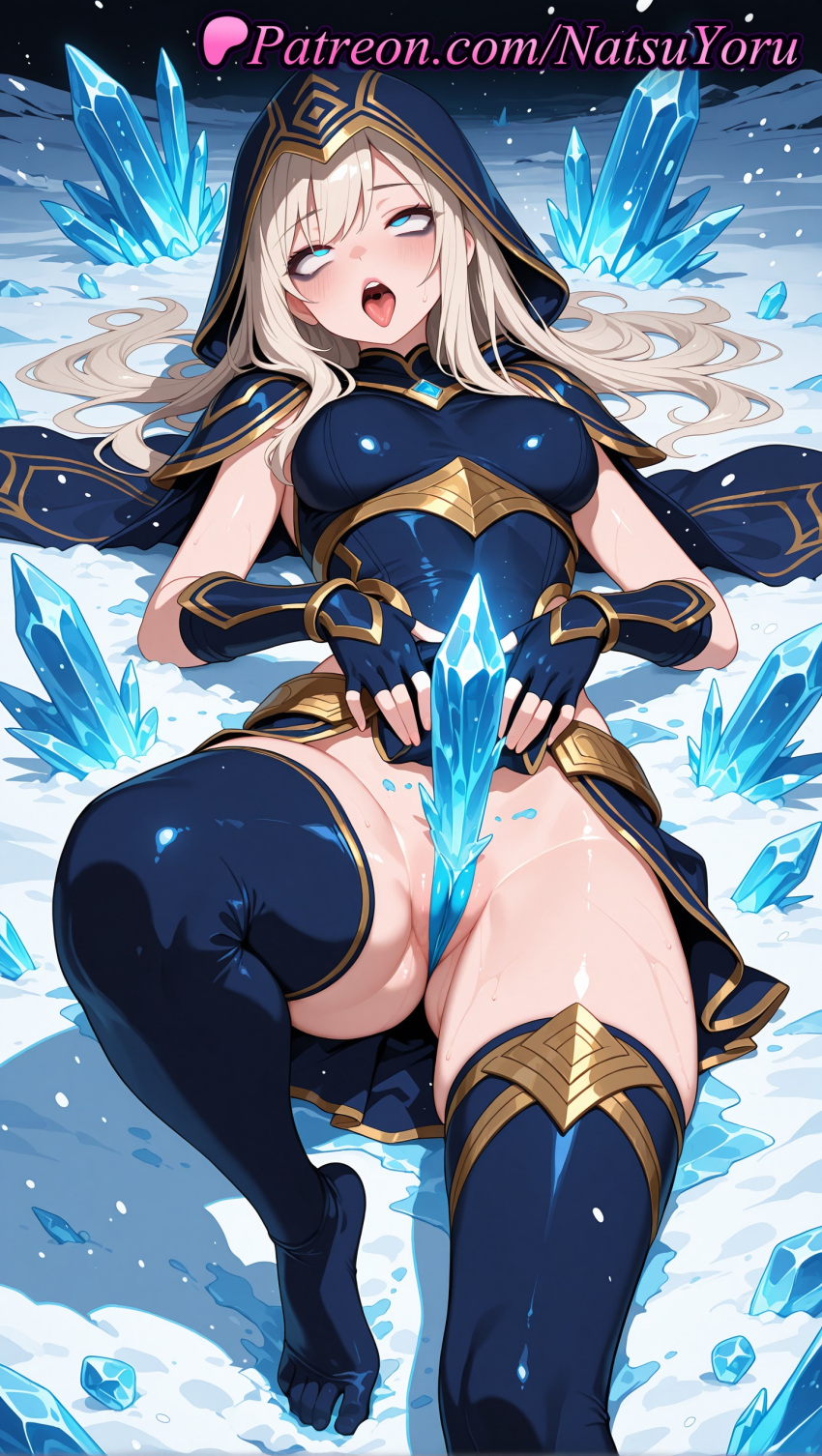 1girl 1girl 1girls 2025 ahegao ai ai_assisted ai_generated anime anime_style armor ashe_(league_of_legends) bangs big_breasts big_breasts blonde_hair blue_cape blue_dress blue_eyes blue_gloves blue_thighhighs blush breasts bust cape capelet covered_nipples crystal dress feet female_focus female_masturbation female_only fingerless_gloves foot_fetish foot_out_of_frame gloves gold_trim hentai high_quality high_res high_res high_resolution hood hood_up ice knee_up league_of_legends league_of_legends:_wild_rift legs leotard long_hair looking_at_viewer lying makeup masturbation medium_breasts natsuyoru no_panties no_shoes non-asian nopan on_back open_mouth partially_visible_vulva patreon riot_games rolling_eyes saliva shiny skirt snow solo_female stable_diffusion stockings sweat thighs toes tongue tongue_out voluptuous voluptuous_female