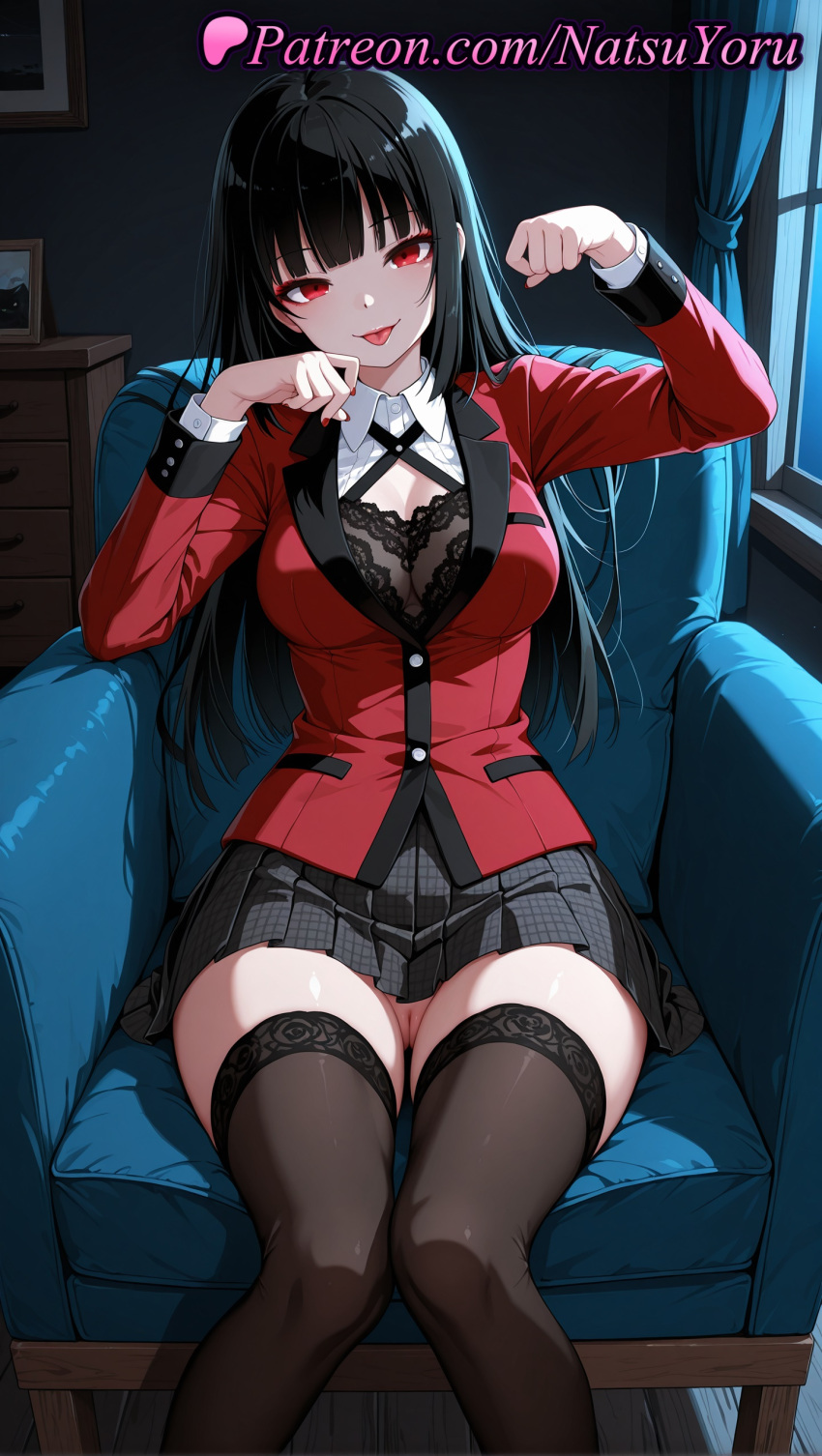 1girl 1girls 2025 ai ai_assisted ai_generated anime anime_style armchair ass_visible_through_thighs bangs big_breasts black_bra black_hair black_legwear black_skirt black_thighhighs blazer blouse blunt_bangs bra breasts bust chair cleavage collared_shirt couch curtains feet_out_of_frame female_focus female_only female_solo hentai high_quality high_res high_resolution hime_cut houndstooth indoors jabami_yumeko jacket kakegurui lace-trimmed_bra lace_trim long_hair long_sleeves looking_at_viewer miniskirt nail_polish natsuyoru night no_panties non-asian on_chair patreon paw_pose plaid pleated_skirt pussy red_eyes red_jacket red_nails school_uniform shirt sitting skirt smile solo_female stable_diffusion stockings thighs tongue tongue_out underwear very_long_hair voluptuous voluptuous_female white_shirt window zettai_ryouiki