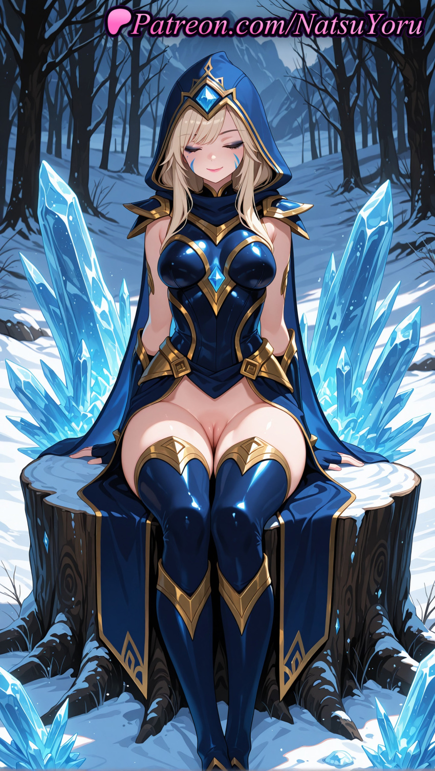 1girl 1girl 1girls 2025 ai ai_assisted ai_generated anime anime_style armor arms_at_sides ashe_(league_of_legends) bangs bare_tree big_breasts blonde_hair blue_cape blue_dress blue_footwear blue_gloves blue_thighhighs boots breasts bust cape cleft_of_venus closed_eyes closed_mouth crystal dress facepaint facial_mark facing_viewer female_focus female_only female_solo fingerless_gloves forest gloves hentai high_quality high_res high_res high_resolution hood hood_up ice league_of_legends league_of_legends:_wild_rift long_hair medium_breasts moon natsuyoru nature no_panties non-asian outside paipan patreon pussy pussy riot_games shoulder_armor sitting smile snow snowing solo_female stable_diffusion stockings thigh_high_boots tongue tree tree_stump uncensored voluptuous voluptuous_female winter