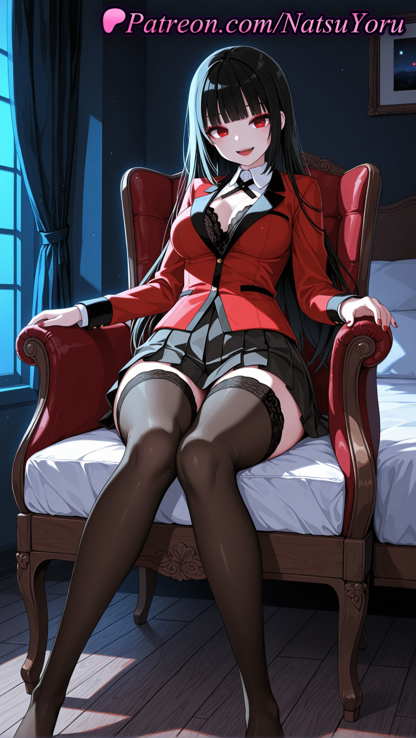 1girl 1girls 2025 ai ai_assisted ai_generated alternate_legwear anime anime_style armchair bangs bed big_breasts black_bra black_hair black_legwear black_skirt black_thighhighs blazer blunt_bangs bra bra_peek breasts bust chair cleavage collared_shirt crossed_legs curtains female_focus female_only female_solo foot_fetish full_body hentai high_quality high_res high_resolution hime_cut indoors jabami_yumeko jacket kakegurui lace_trim legwear long_hair long_sleeves looking_at_viewer miniskirt nail_polish natsuyoru night no_shoes non-asian on_bed open_mouth panties patreon pillow pleated_skirt red_eyes red_jacket red_nails school_uniform shirt sitting skirt smile solo_female stable_diffusion stockings thighs underwear very_long_hair voluptuous voluptuous_female white_shirt window wooden_floor zettai_ryouiki