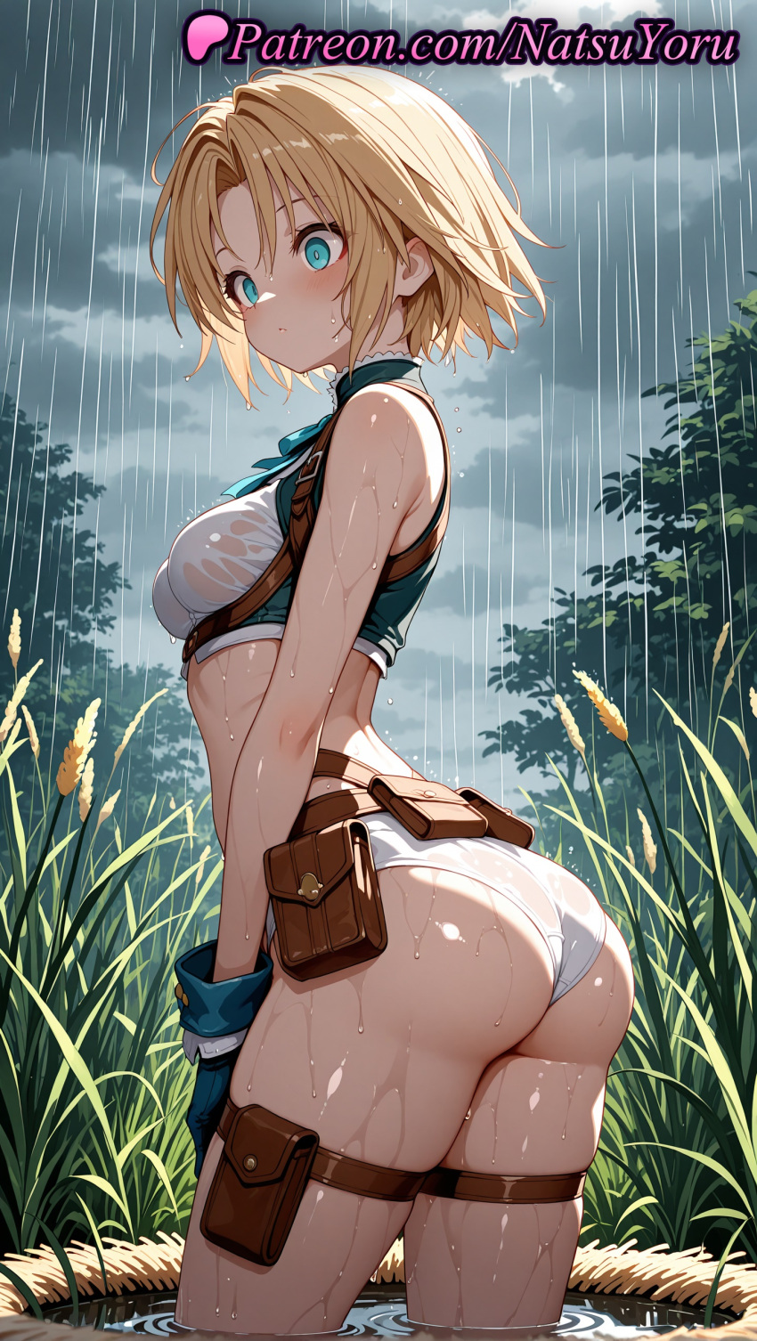 1girl 1girl 1girls 2025 ai ai_assisted ai_generated anime anime_style aqua_eyes ass ass bangs bare_shoulders belt belt_pouch big_breasts bikini blonde_hair blue_eyes blue_gloves blush braid breasts bust closed_mouth clothing cloud cloudy_sky cowboy_shot crop_top day female_focus female_only final_fantasy final_fantasy_ix flower from_side gloves grass hentai high_quality high_res high_res high_resolution holster juicy_butt looking_at_viewer medium_breasts natsuyoru outside panties panties parted_bangs patreon pouch rain see-through shirt short_hair skindentation sky sleeveless solo_female stable_diffusion standing thigh_strap thighs underwear voluptuous voluptuous_female wading water water_drop wet wet_clothes wet_hair wet_shirt white_panties zidane_tribal