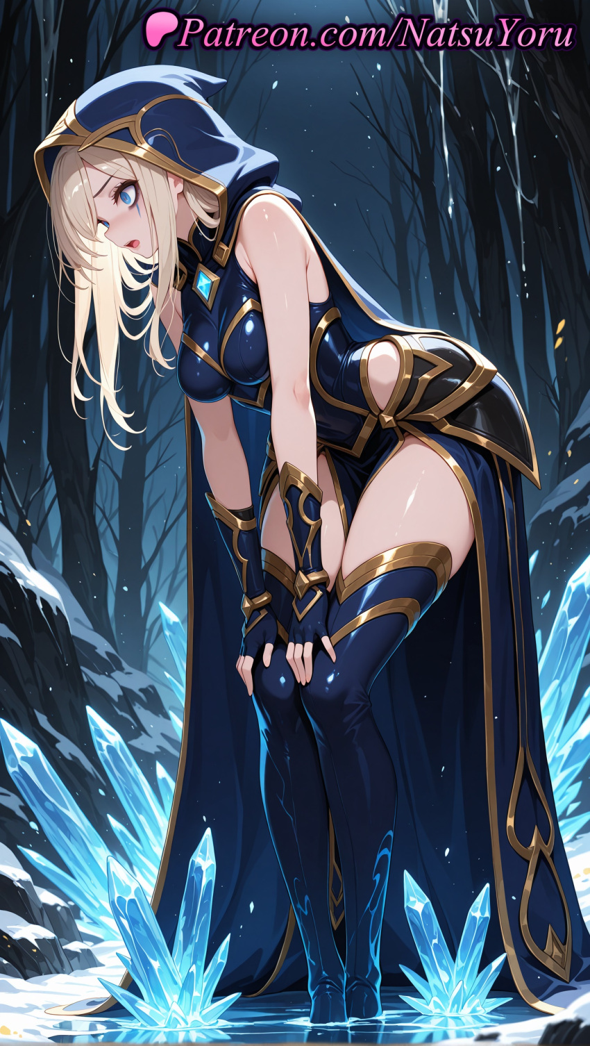 1girl 1girl 1girls 2025 ai ai_assisted ai_generated anime anime_style armor artist_name ashe_(league_of_legends) bare_shoulders bare_tree bent_over big_breasts big_breasts blonde_hair blue_cape blue_eyes blue_footwear blue_gloves blue_thighhighs boots breasts bust cape cloak crystal dress female_focus female_only fingerless_gloves forest full_body gem gloves gold_trim hands_on_own_knees hentai high_quality high_res high_res high_resolution hood hood_up hooded_cape hooded_cloak ice league_of_legends league_of_legends:_wild_rift leaning_forward leotard lipstick long_hair looking_at_viewer makeup medium_breasts natsuyoru nature night non-asian open_mouth outside patreon pelvic_curtain riot_games shiny shiny_skin sleeveless snow snowing solo_female stable_diffusion standing stockings thigh_high_boots thighs tree voluptuous voluptuous_female