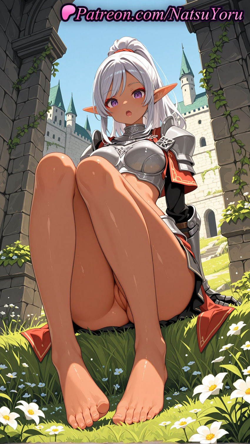 1girl 1girl 1girls 2025 ai ai_assisted ai_generated aisha_udgard anime anime_style armor asian ass bangs bare_legs barefoot big_breasts blue_sky blush bottomless breastplate breasts bust castle cleft_of_venus crop_top dark-skinned_female dark_elf dark_skin day elf elf_ears feet female_focus female_only flower foot_fetish full_body gauntlets genjitsu_shugi_yuusha_no_oukoku_saikenki gloves grass hentai high_ponytail high_quality high_res high_res high_resolution juicy_butt knees_up knight legs long_hair looking_at_viewer medium_breasts natsuyoru no_panties non-asian oiled on_grass open_mouth outside partially_visible_vulva patreon pauldrons pointed_ears pointy_ears ponytail purple_eyes pussy pussy shaved_vagina shoulder_armor sidelocks silver_hair sitting skirt sky solo_female stable_diffusion thighs toenails toes uncensored voluptuous voluptuous_female white_flower white_hair