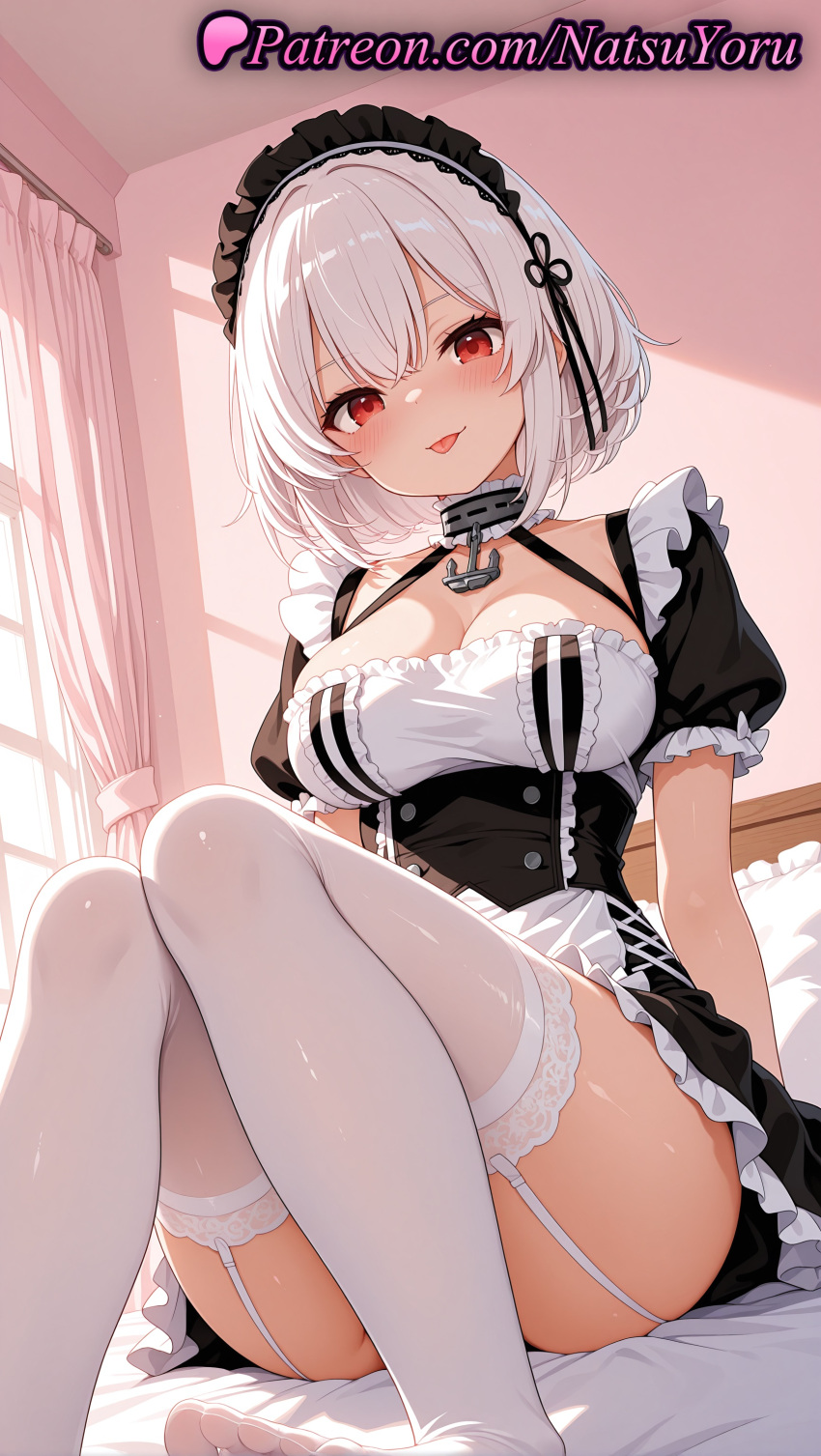 1girl 1girl 1girls 2025 ai ai_assisted ai_generated anchor_choker anime anime_style apron asian azur_lane bangs bed big_breasts big_breasts black_dress blush breasts bust choker cleavage collarbone convenient_leg crossed_bangs curtains dress feet female_focus female_only foot_fetish foot_out_of_frame framed_breasts frilled_choker frilled_dress frills garter_belt garter_straps hair_between_eyes hairband hentai high_quality high_res high_res high_resolution indoors knees_together_feet_apart knees_up lace_trim legs looking_at_viewer maid maid_headdress maid_uniform medium_hair natsuyoru no_shoes on_bed patreon pillow puffy_short_sleeves puffy_sleeves red_eyes short_dress short_hair short_sleeves sirius_(azur_lane) sitting smile solo_female stable_diffusion stockings thighs toes tongue tongue_out two-tone_dress voluptuous voluptuous_female waist_apron white_hair white_legwear white_thighhighs window zettai_ryouiki