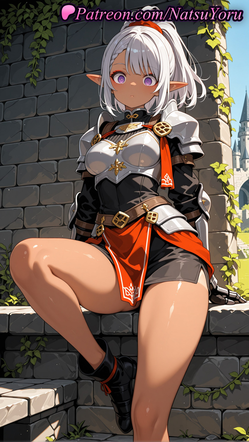 1girl 1girl 1girls 2025 ai ai_assisted ai_generated aisha_udgard anime anime_style ankle_boots armor asian bangs bare_legs belt big_breasts black_footwear boobplate boots braid breastplate breasts brick_wall bust castle closed_mouth dark-skinned_female dark_elf dark_skin day dress elf elf_ears female_focus female_only gauntlets genjitsu_shugi_yuusha_no_oukoku_saikenki hair_ornament hentai high_quality high_res high_res high_resolution knee_up legs looking_at_viewer medium_breasts natsuyoru oiled outside patreon pauldrons pelvic_curtain pointed_ears pointy_ears ponytail purple_eyes red_scrunchie scrunchie shiny shorts shoulder_armor silver_hair sitting solo_female stable_diffusion thighs voluptuous voluptuous_female white_hair