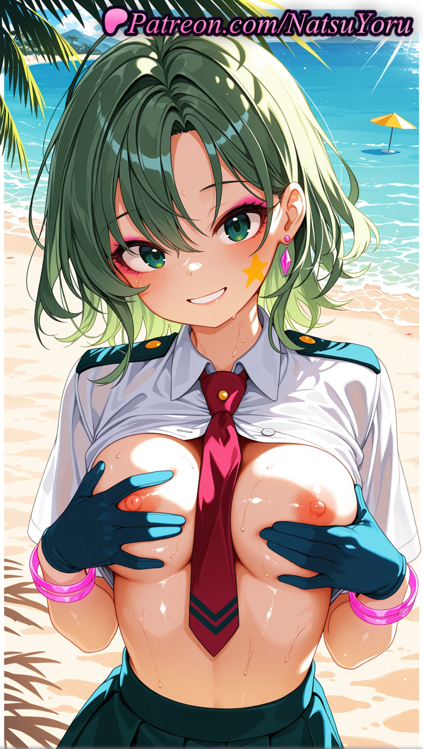 1girl 1girl 1girls 2025 ai ai_assisted ai_generated anime anime_style artist_name bangs beach between_breasts big_breasts big_breasts black_gloves blue_gloves blush boku_no_hero_academia bracelet breasts breasts_out bust clothes_lift clothing collared_shirt day earrings eyeshadow facial_mark female_focus female_only female_solo gloves grabbing_own_breast green_eyes green_gloves green_hair green_skirt grin hagakure_tooru hagakure_tooru_(visible) hair_between_eyes hentai high_quality high_res high_res high_resolution jewelry looking_at_viewer makeup medium_breasts medium_hair my_hero_academia natsuyoru neck_tie necktie_between_breasts nipples nipples_outside no_bra ocean open_clothes open_shirt outside palm_tree patreon pleated_skirt pool red_necktie school_uniform shirt shirt_lift short_hair short_sleeves skirt smile solo_female stable_diffusion star_(symbol) star_tattoo sweat tie tree uncensored_nipples upper_body voluptuous voluptuous_female water wet wet_clothes white_shirt