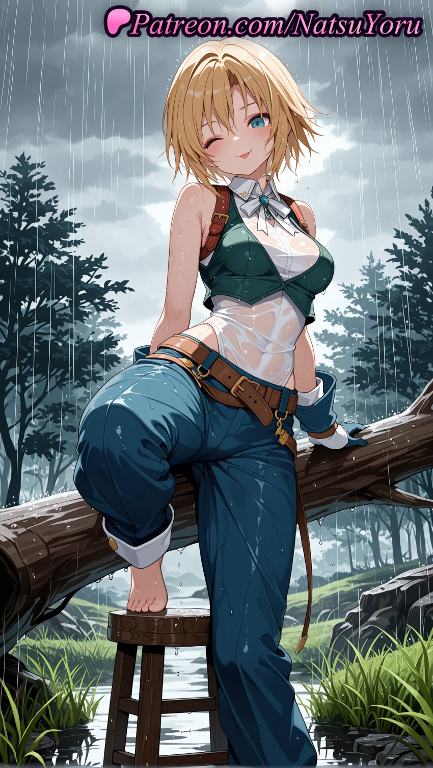 1girl 1girl 1girls 2025 ai ai_assisted ai_generated anime anime_style bangs bare_shoulders barefoot belt big_breasts blonde_hair blue_eyes blue_gloves blue_pants blush breasts brown_belt bust clothing cloud cloudy_sky covered_navel crop_top crossplay feet female_focus female_only final_fantasy final_fantasy_ix fingerless_gloves foot_fetish foot_out_of_frame gloves grass green_vest grey_sky hentai high_quality high_res high_res high_resolution highleg leotard leotard_under_clothes lipstick looking_at_viewer medium_breasts natsuyoru nature one_eye_closed outside pants parted_bangs patreon rain ribbon see-through shirt short_hair sitting sky sleeveless sleeveless_shirt smile solo_female stable_diffusion stool toenails toes tongue tongue_out tree tree_stump vest voluptuous voluptuous_female water wet wet_clothes wet_hair wet_shirt white_leotard white_shirt zidane_tribal