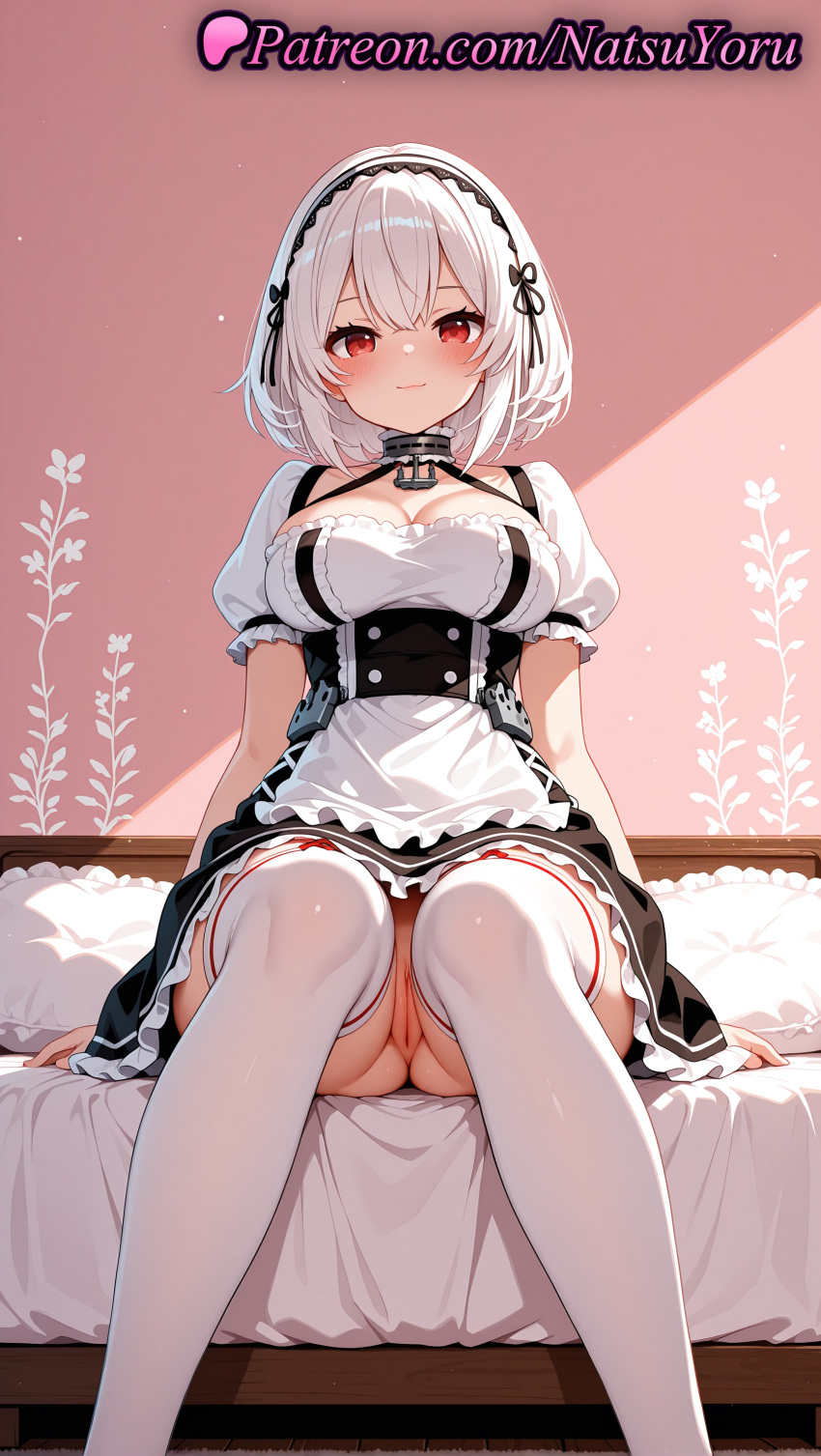 1girl 1girl 1girls 2025 ai ai_assisted ai_generated anchor_choker anime anime_style apron asian azur_lane bangs bed big_breasts big_breasts black_dress blush breasts bust choker cleavage cleft_of_venus closed_mouth collarbone dress feet_out_of_frame female_focus female_only frilled_apron frilled_choker frilled_dress frills hair_between_eyes hairband hentai high_quality high_res high_res high_resolution indoors lace_trim looking_at_viewer maid maid_uniform natsuyoru no_panties on_bed panties patreon pillow puffy_short_sleeves puffy_sleeves pussy pussy red_eyes short_hair short_sleeves sirius_(azur_lane) sitting smile solo_female stable_diffusion stockings thighs uncensored underwear upskirt voluptuous voluptuous_female waist_apron white_apron white_hair white_legwear white_thighhighs
