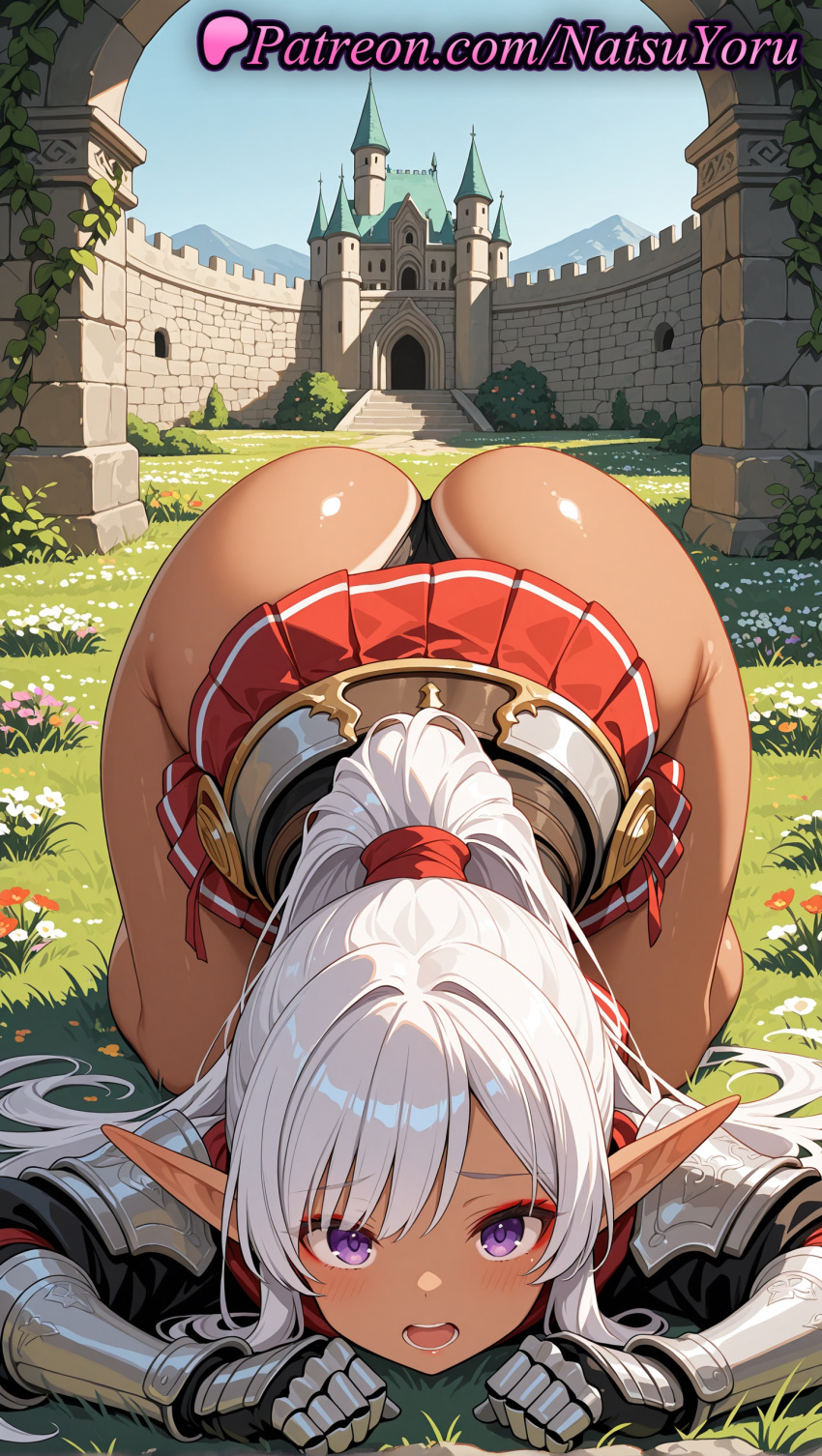 1girl 1girl 1girls 2025 ai ai_assisted ai_generated aisha_udgard all_fours anime anime_style arch armor asian ass ass bangs black_panties blush breastplate castle dark-skinned_female dark_elf dark_skin day elf elf_ears female_focus female_only flower gauntlets genjitsu_shugi_yuusha_no_oukoku_saikenki grass hentai high_quality high_res high_res high_resolution juicy_butt long_hair looking_at_viewer microskirt miniskirt natsuyoru oiled open_mouth outside panties panties patreon pleated_skirt pointed_ears pointy_ears ponytail purple_eyes red_skirt shoulder_armor sidelocks silver_hair skirt sky solo_female stable_diffusion tan tanned thighs thong top-down_bottom-up underwear voluptuous voluptuous_female white_hair