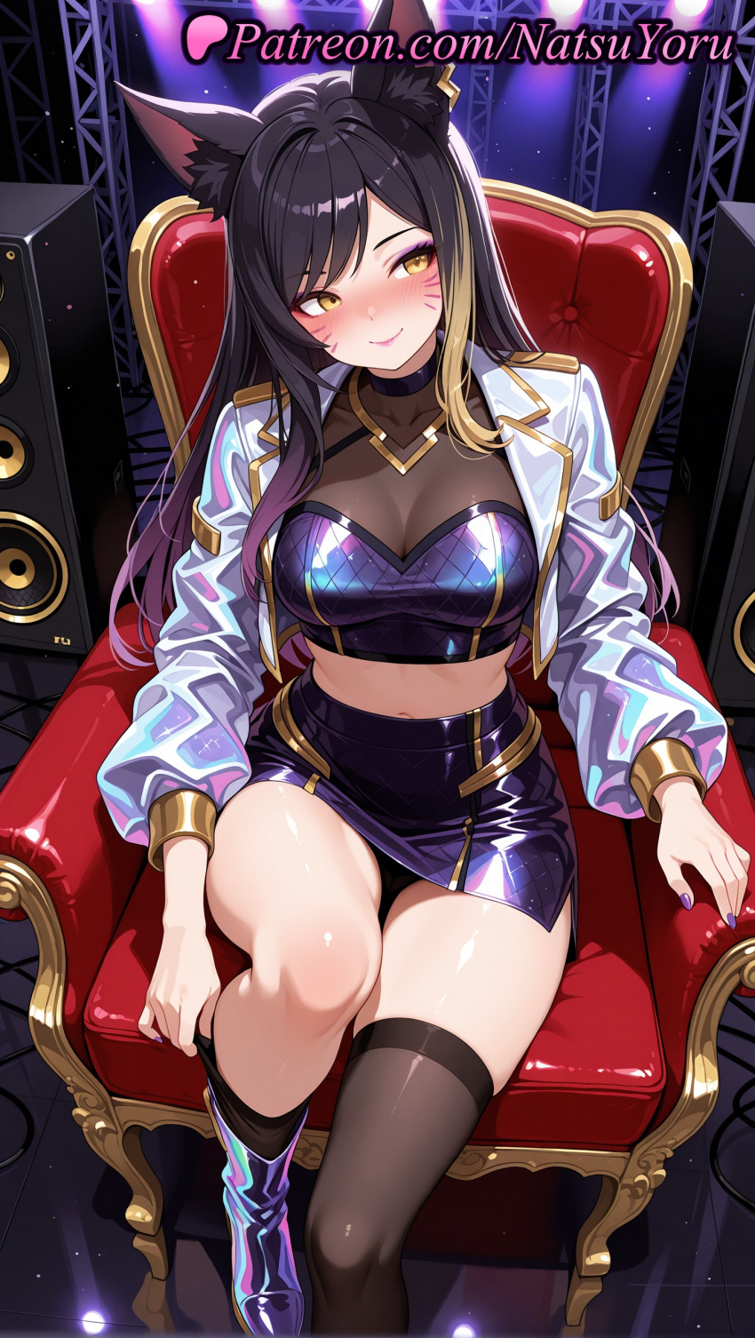 1girl 1girl 1girls 2025 adjusting_legwear ahri ai ai_assisted ai_generated animal_ear_fluff animal_ears anime anime_style armchair bangs big_breasts big_breasts black_hair black_legwear black_panties black_skirt black_thighhighs blonde_hair blush boots breasts bust chair choker cleavage closed_mouth collarbone crop_top cropped_jacket earrings facial_mark female_focus female_only fox_ears fox_girl fox_tail gradient_hair hentai high_quality high_res high_res high_resolution idol jacket jewelry k/da_(league_of_legends) k/da_ahri k/da_all_out_ahri k/da_all_out_series k/da_series knee_up league_of_legends league_of_legends:_wild_rift long_hair long_sleeves looking_at_viewer microphone midriff miniskirt multi-colored_hair multicolored_hair nail_polish natsuyoru navel necklace on_chair open_clothes open_jacket panties panties pantyshot patreon pencil_skirt purple_footwear purple_hair purple_nails purple_skirt riot_games see-through shiny_clothes shirt single_thighhigh sitting skirt smile solo_female speaker stable_diffusion stockings stomach thighhighs_pull thighs underwear voluptuous voluptuous_female whisker_markings white_jacket yellow_eyes