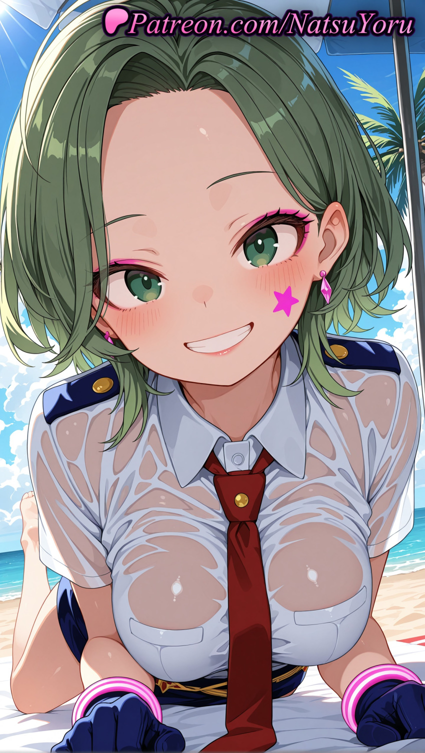 1girl 1girl 1girls 2025 ai ai_assisted ai_generated all_fours anime anime_style asian barefoot beach beach_umbrella big_breasts big_breasts blue_gloves blue_sky blush boku_no_hero_academia bracelet breast_pocket breasts bust clothing cloud collared_shirt day earrings eyeshadow facial_mark female_focus female_only forehead gloves green_eyes green_hair grin hagakure_tooru hagakure_tooru_(visible) hentai high_quality high_res high_res high_resolution jewelry looking_at_viewer lying makeup medium_breasts medium_hair my_hero_academia natsuyoru neck_tie ocean on_stomach outside palm_tree parted_bangs patreon pocket police police_uniform pool pov red_necktie see-through see-through_shirt shirt short_hair short_sleeves skirt sky smile solo_female stable_diffusion star_(symbol) tattoo teeth tie tree umbrella uniform voluptuous voluptuous_female water wet wet_clothes wet_shirt white_shirt