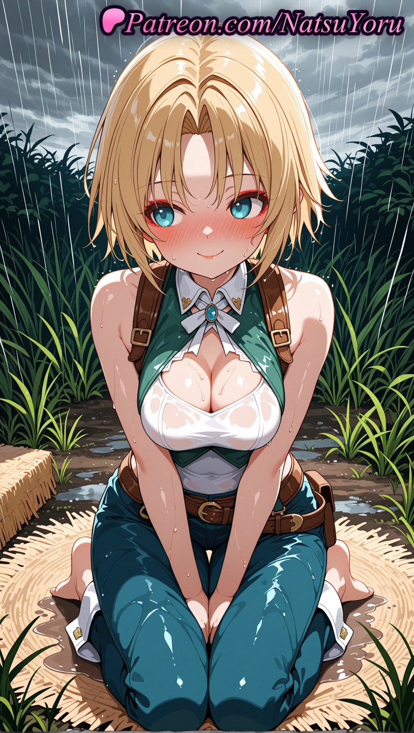1girl 1girl 1girls 2025 ai ai_assisted ai_generated anime anime_style aqua_eyes averting_eyes bangs bare_arms bare_shoulders barefoot belt between_legs big_breasts big_breasts blonde_hair blue_eyes blue_pants blush breasts brown_belt bust cleavage cleavage_cutout closed_mouth clothing_cutout cloud cloudy_sky dark_clouds female_focus female_only final_fantasy final_fantasy_ix full_body grass grey_sky hair_intakes hand_between_legs hentai high_quality high_res high_res high_resolution kneel looking_at_viewer looking_away looking_to_the_side medium_breasts natsuyoru nose_blush outside pants parted_bangs patreon rain ribbon see-through seiza shirt short_hair sitting sky sleeveless sleeveless_shirt smile solo_female stable_diffusion v_arms voluptuous voluptuous_female wariza wet wet_clothes wet_dress wet_shirt white_shirt zidane_tribal