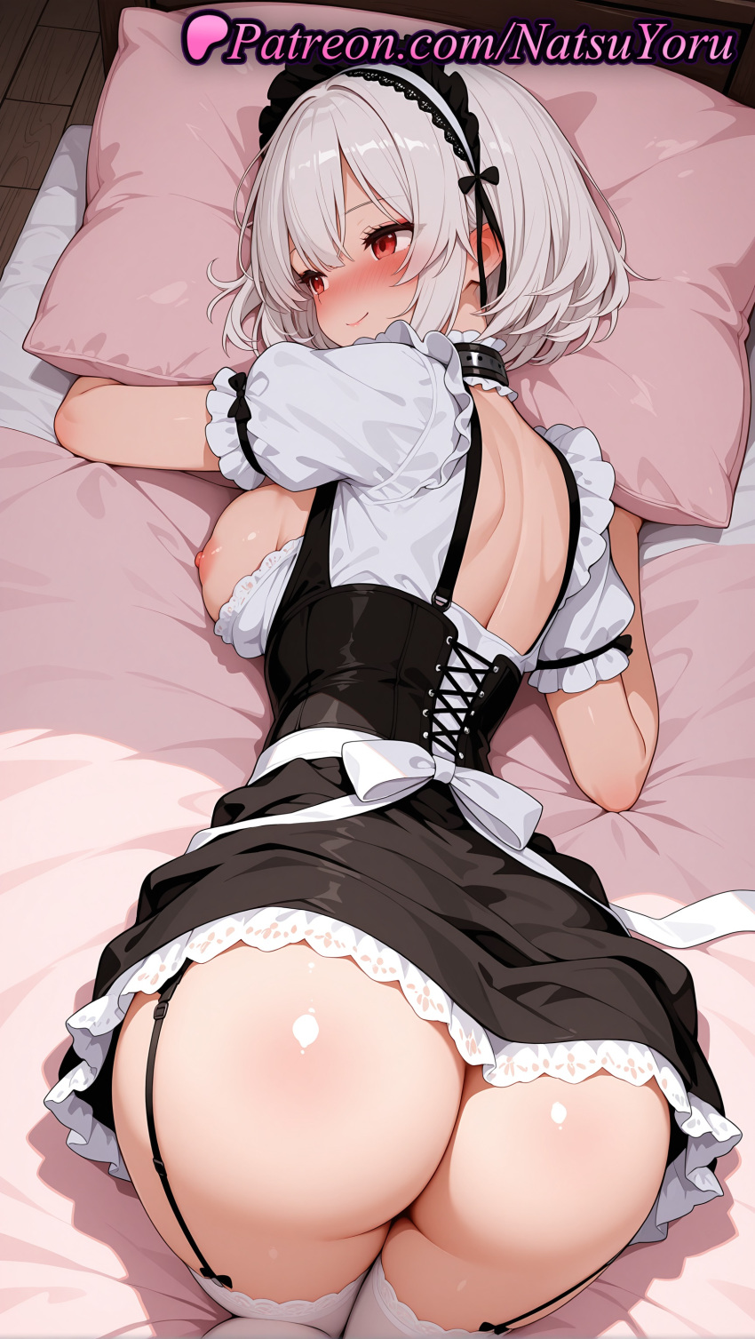 1girl 1girl 1girls 2025 ai ai_assisted ai_generated all_fours anime anime_style apron asian ass ass ass_focus azur_lane back back_cutout bangs bed bed_sheet big_ass big_breasts big_breasts black_dress blush breasts breasts_out bust choker closed_mouth clothing dress ear_blush female_focus female_only frilled_choker frilled_dress frills from_above from_behind garter_belt garter_straps hair_between_eyes hairband hentai high_quality high_res high_res high_resolution huge_ass hugging_object juicy_butt jumper lace-trimmed_hairband lace_trim legwear looking_at_viewer looking_back lying maid maid_headdress maid_uniform median_furrow natsuyoru nipples nipples_outside no_panties nose_blush on_bed on_stomach patreon pillow pillow_hug puffy_short_sleeves puffy_sleeves red_eyes shiny_skin short_dress short_hair short_sleeves sirius_(azur_lane) smile solo_female stable_diffusion stockings thighs top-down_bottom-up two-tone_dress uncensored_nipples voluptuous voluptuous_female white_hair white_thighhighs